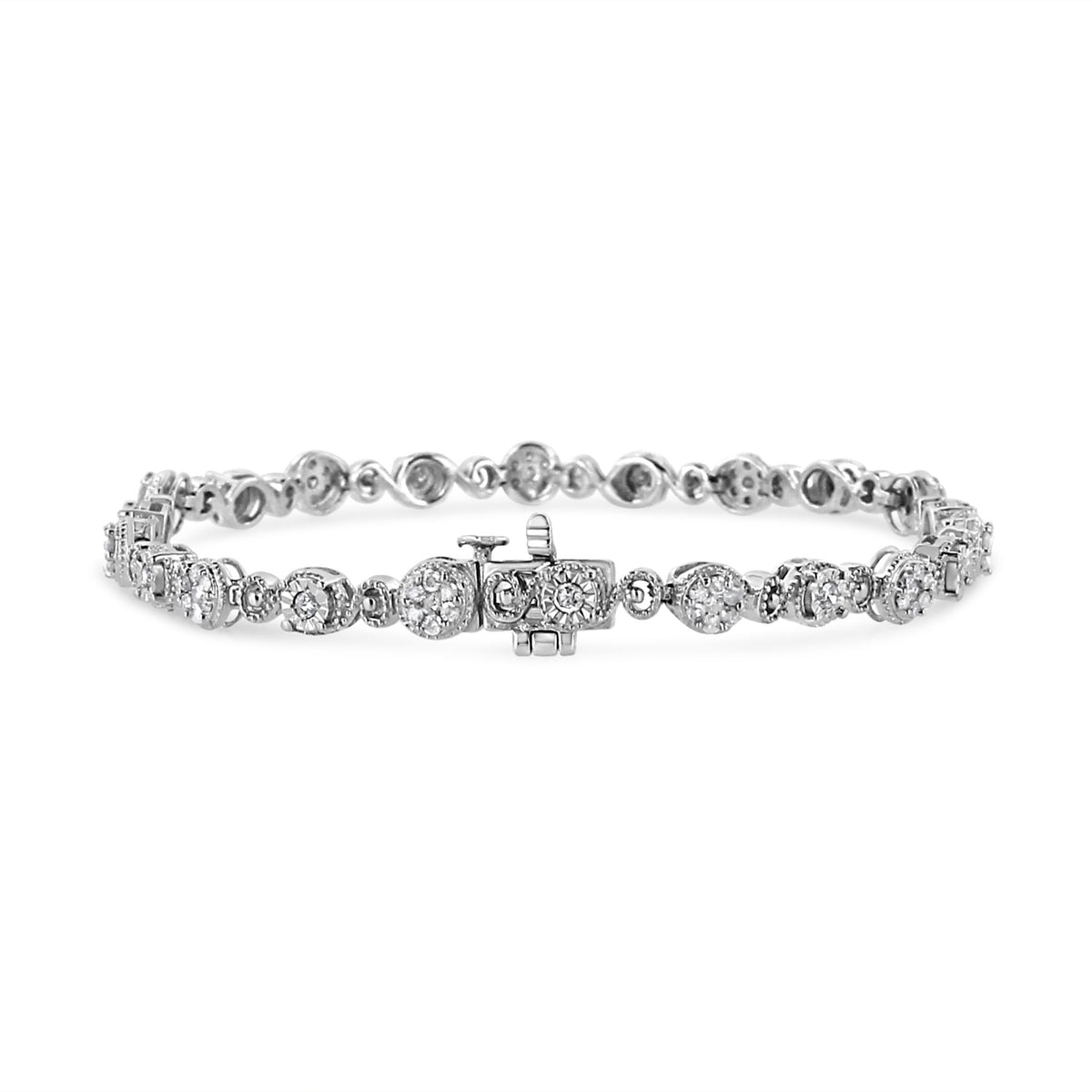 .925 Sterling Silver 1.0 Cttw Diamond Swirl Beaded Link Bracelet (I-J Color, I3-Promo Clarity) - 7.25&quot; Inches - LinkagejewelrydesignLinkagejewelrydesign