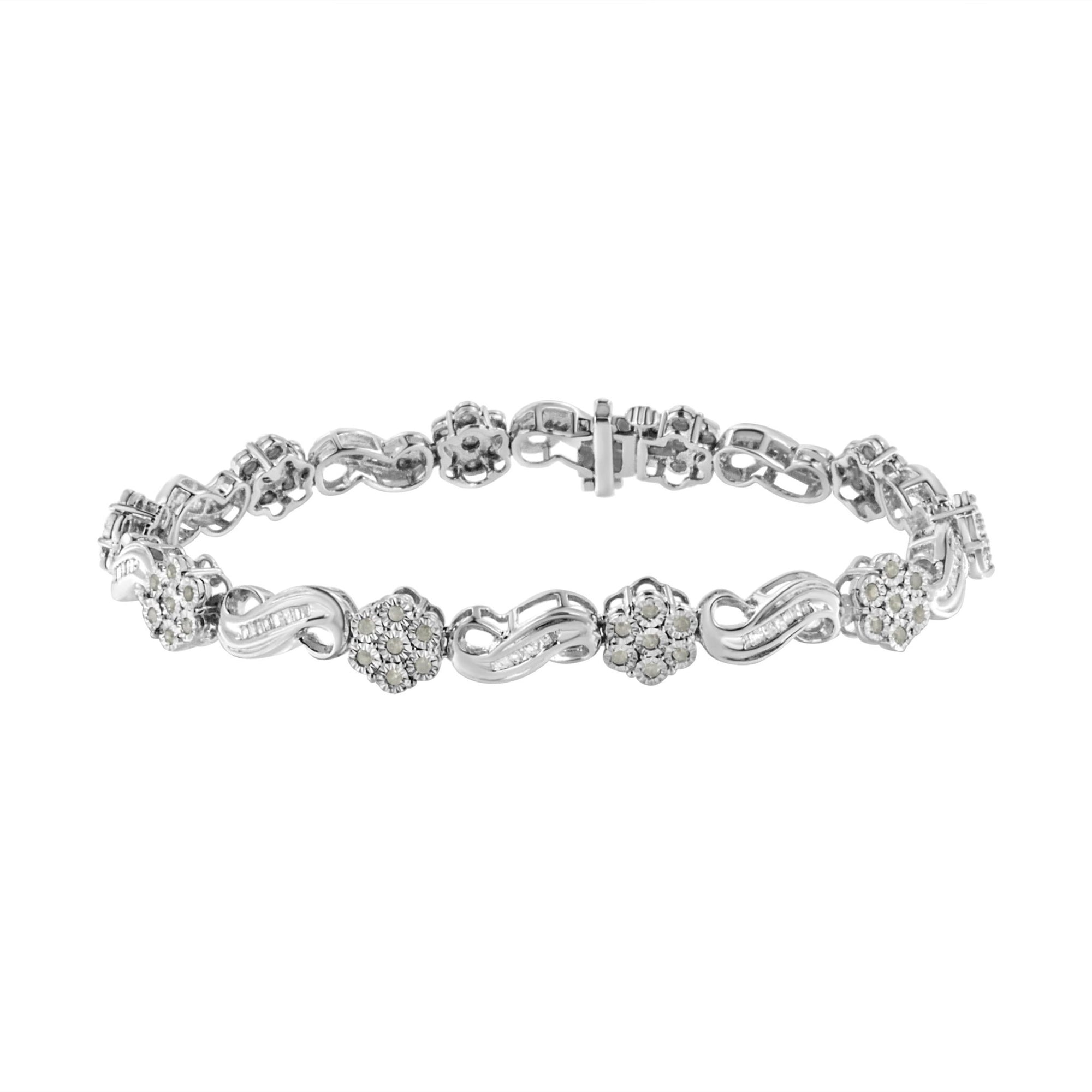 .925 Sterling Silver 1.0 Cttw Miracle and Channel Set Diamond Floral Cluster and Link Bracelet (I-J Color, I3 Clarity) - 7.25" - LinkagejewelrydesignLinkagejewelrydesign