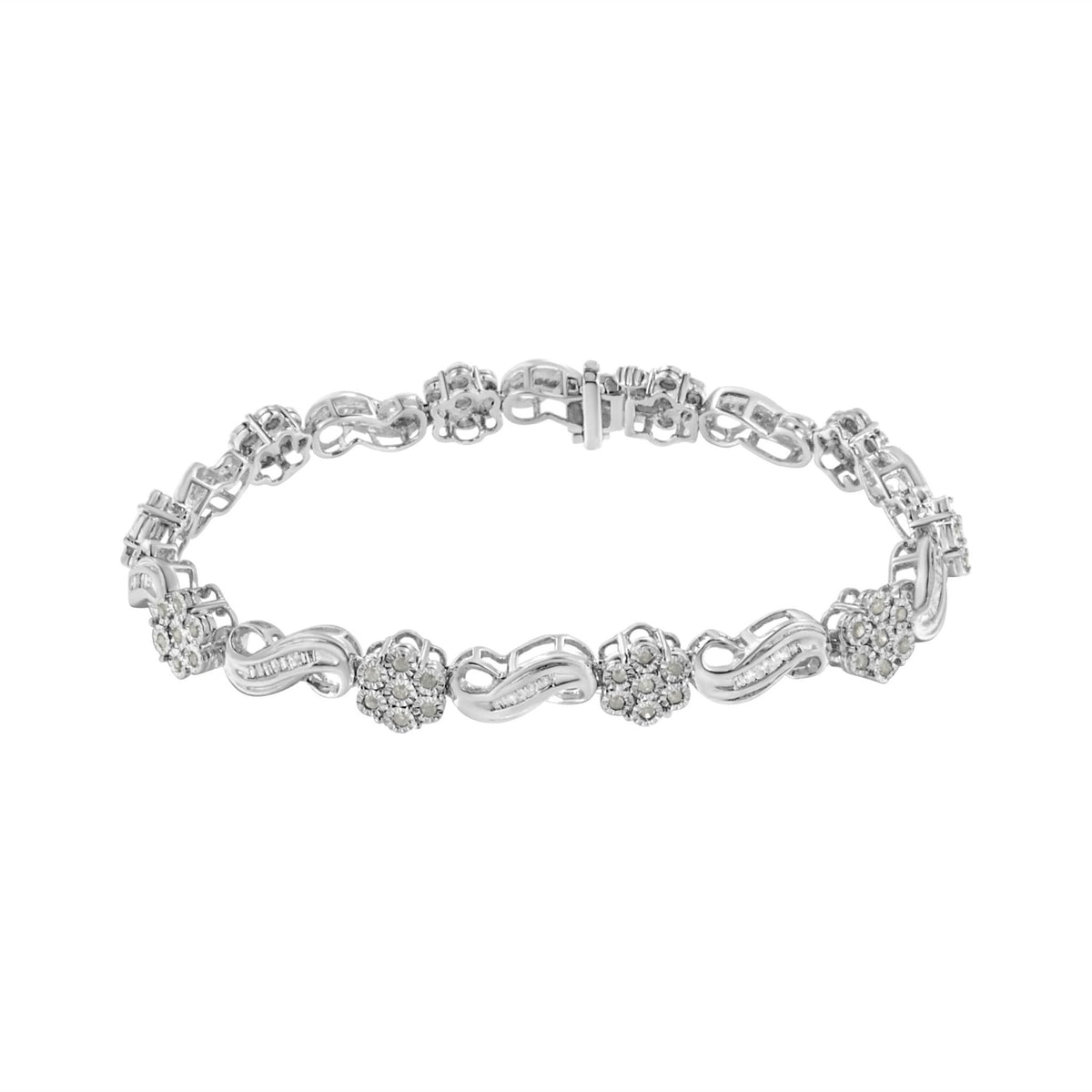 .925 Sterling Silver 1.0 Cttw Miracle and Channel Set Diamond Floral Cluster and Link Bracelet (I-J Color, I3 Clarity) - 7.25&quot; - LinkagejewelrydesignLinkagejewelrydesign