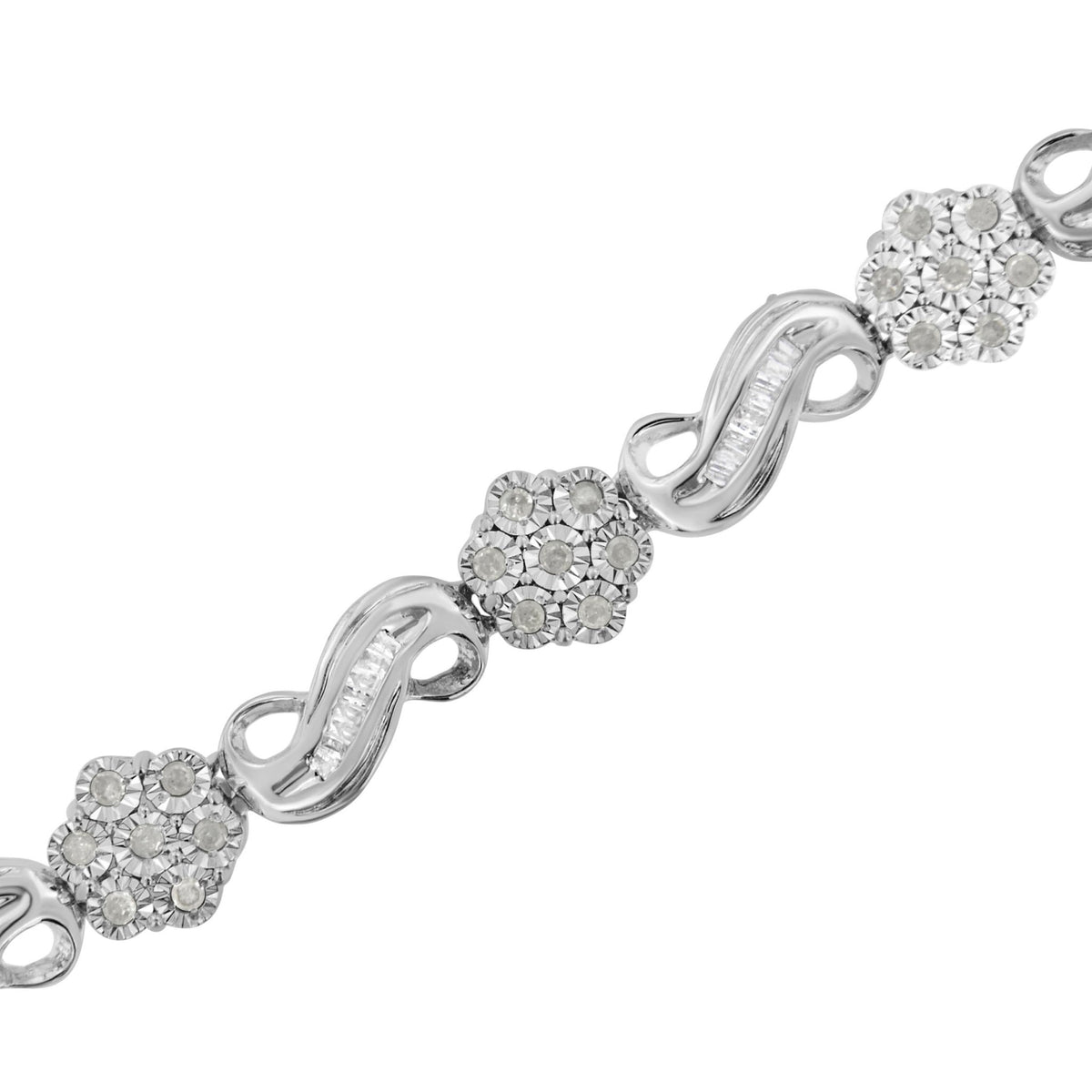 .925 Sterling Silver 1.0 Cttw Miracle and Channel Set Diamond Floral Cluster and Link Bracelet (I-J Color, I3 Clarity) - 7.25&quot; - LinkagejewelrydesignLinkagejewelrydesign