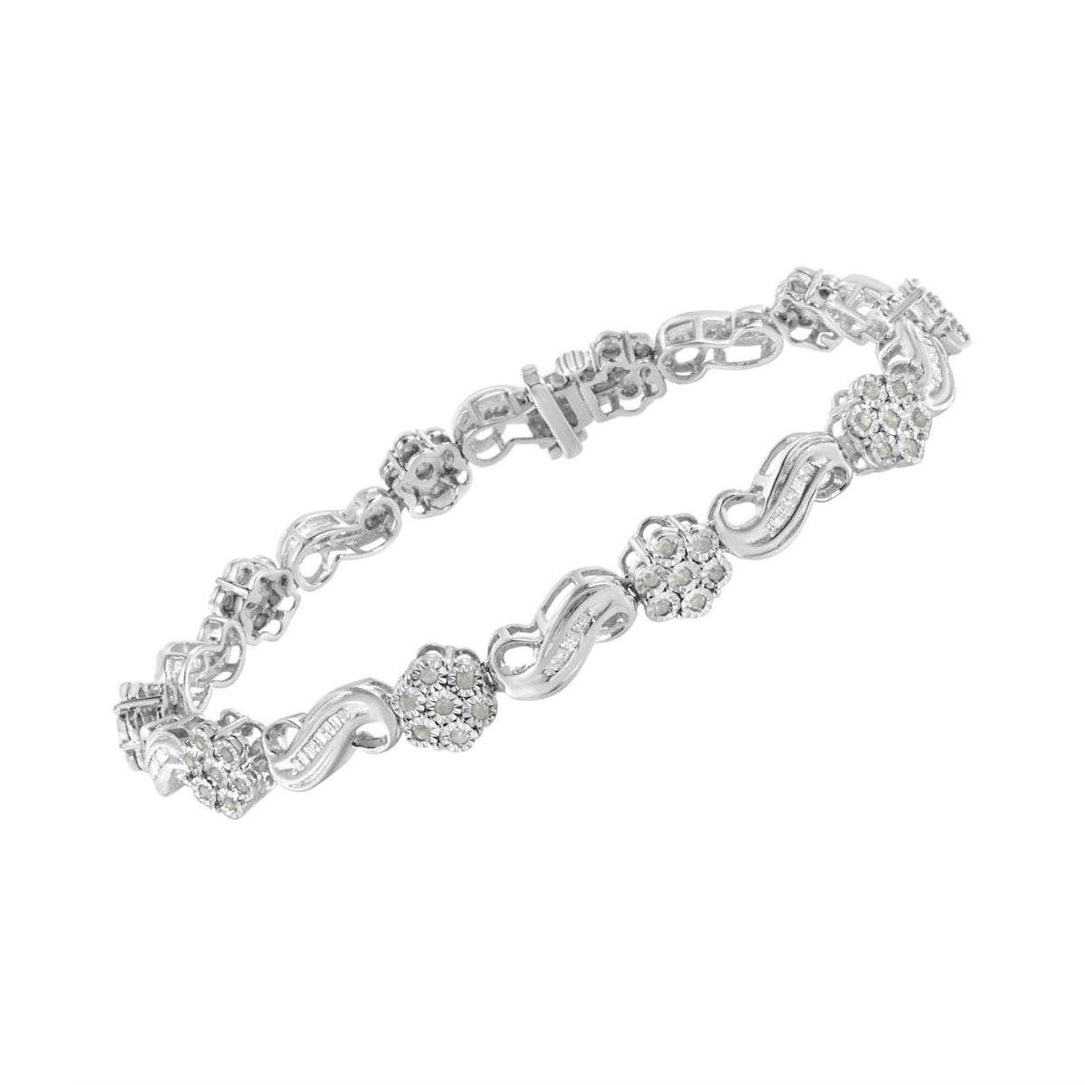 .925 Sterling Silver 1.0 Cttw Miracle and Channel Set Diamond Floral Cluster and Link Bracelet (I-J Color, I3 Clarity) - 7.25&quot; - LinkagejewelrydesignLinkagejewelrydesign