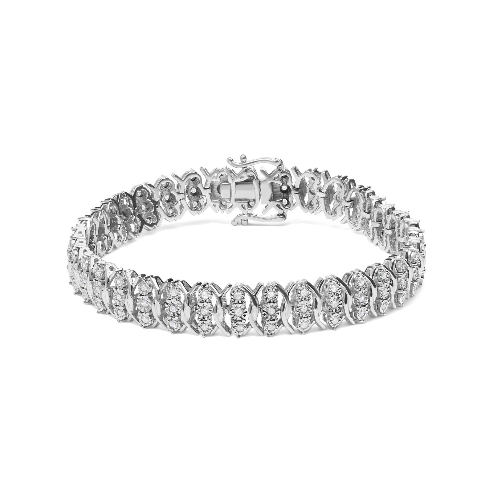 .925 Sterling Silver 1.0 Cttw Miracle Set Diamond 3 Row Wave Link Bracelet (I-J Color, I2-I3 Clarity) - 7.25" Inches - LinkagejewelrydesignLinkagejewelrydesign