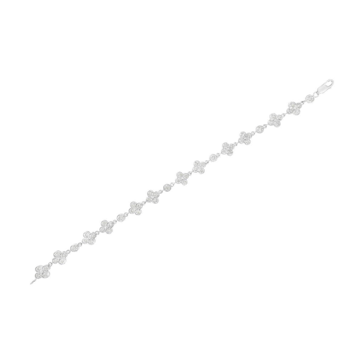 .925 Sterling Silver 1.0 Cttw Miracle-Set Diamond 4 Leaf and Solitaire Station Link Bracelet (I-J Color, I3 Clarity) - 7.25&quot; - LinkagejewelrydesignLinkagejewelrydesign