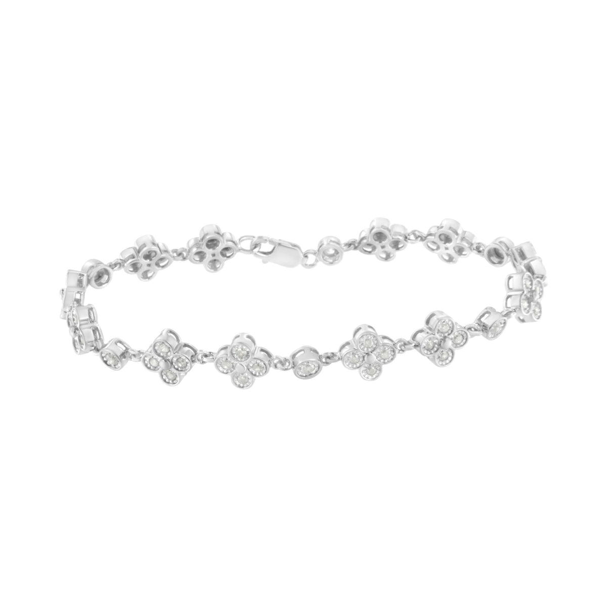 .925 Sterling Silver 1.0 Cttw Miracle-Set Diamond 4 Leaf and Solitaire Station Link Bracelet (I-J Color, I3 Clarity) - 7.25&quot; - LinkagejewelrydesignLinkagejewelrydesign