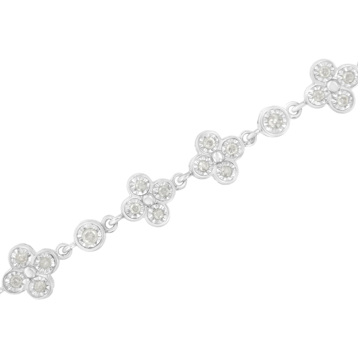 .925 Sterling Silver 1.0 Cttw Miracle-Set Diamond 4 Leaf and Solitaire Station Link Bracelet (I-J Color, I3 Clarity) - 7.25&quot; - LinkagejewelrydesignLinkagejewelrydesign