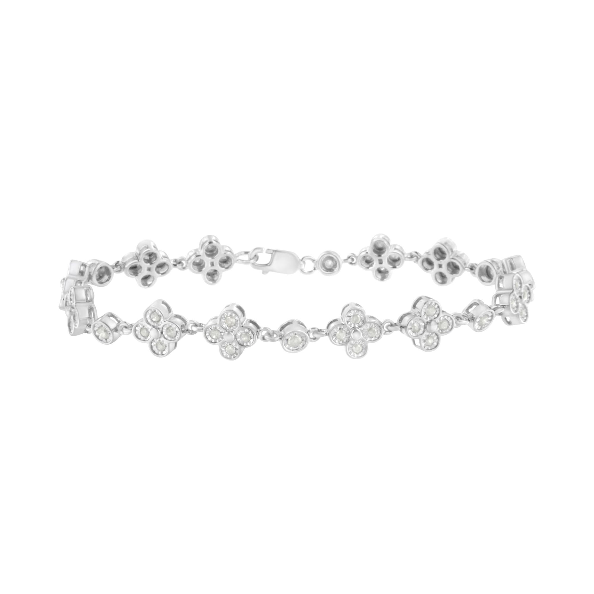 .925 Sterling Silver 1.0 Cttw Miracle-Set Diamond 4 Leaf and Solitaire Station Link Bracelet (I-J Color, I3 Clarity) - 7.25" - LinkagejewelrydesignLinkagejewelrydesign