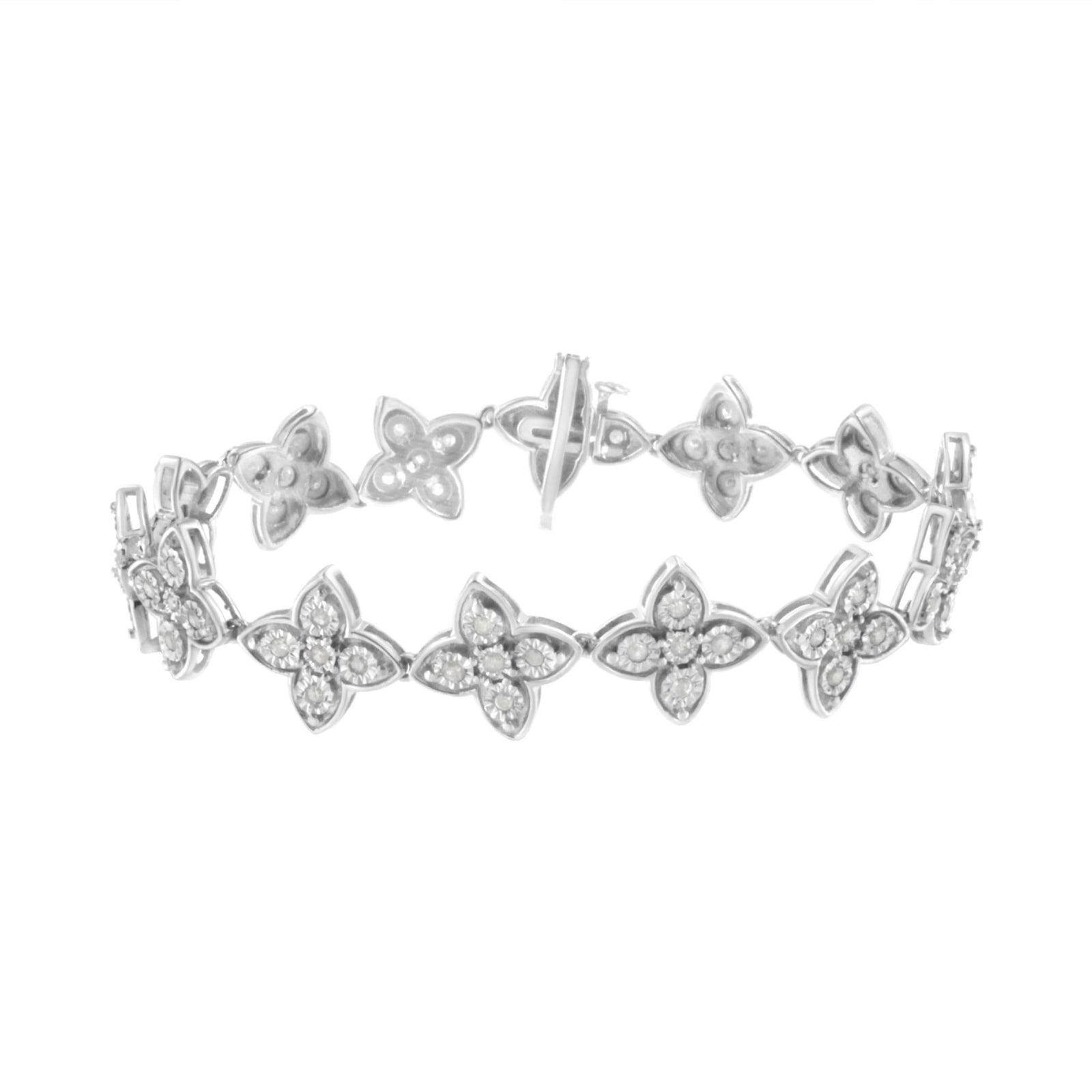 .925 Sterling Silver 1.0 cttw Miracle-Set Diamond 4 Leaf Clover Link Bracelet (I-J Clarity, I3 Color) - Size 7.25" - LinkagejewelrydesignLinkagejewelrydesign