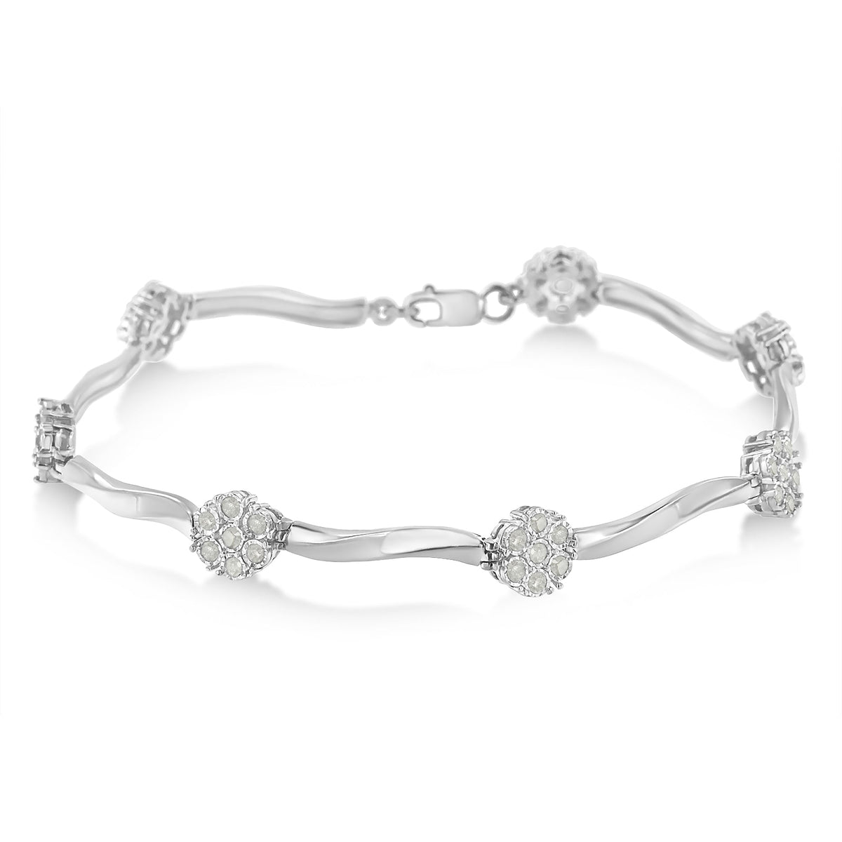 .925 Sterling Silver 1.0 cttw Miracle-Set Diamond 7 Stone Floral Cluster Link Bracelet (I-J Color, I3 Clarity) -7&quot; - LinkagejewelrydesignLinkagejewelrydesign