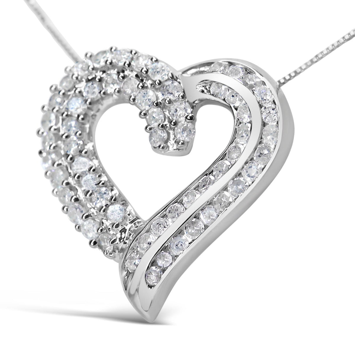 .925 Sterling Silver 1.0 Cttw Prong &amp; Channel-Set Diamond Open work Ribbon Heart Pendant 18&quot; Necklace (I-J Color, I3 Clarity) - LinkagejewelrydesignLinkagejewelrydesign