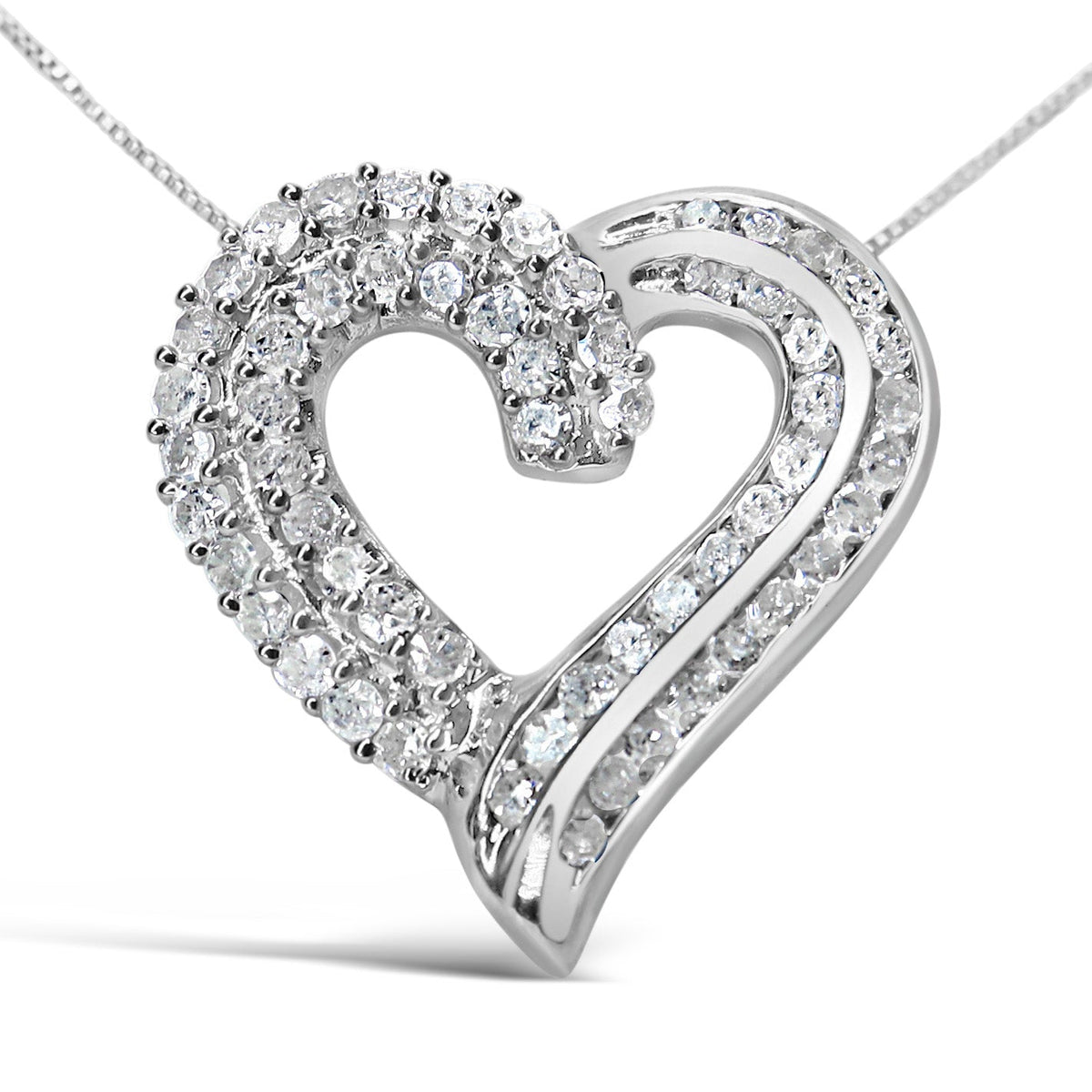 .925 Sterling Silver 1.0 Cttw Prong &amp; Channel-Set Diamond Open work Ribbon Heart Pendant 18&quot; Necklace (I-J Color, I3 Clarity) - LinkagejewelrydesignLinkagejewelrydesign