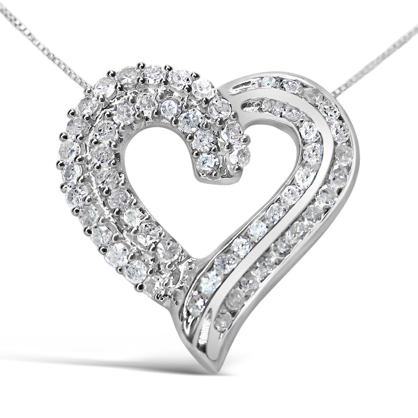 .925 Sterling Silver 1.0 Cttw Prong & Channel-Set Diamond Open work Ribbon Heart Pendant 18" Necklace (I-J Color, I3 Clarity) - LinkagejewelrydesignLinkagejewelrydesign
