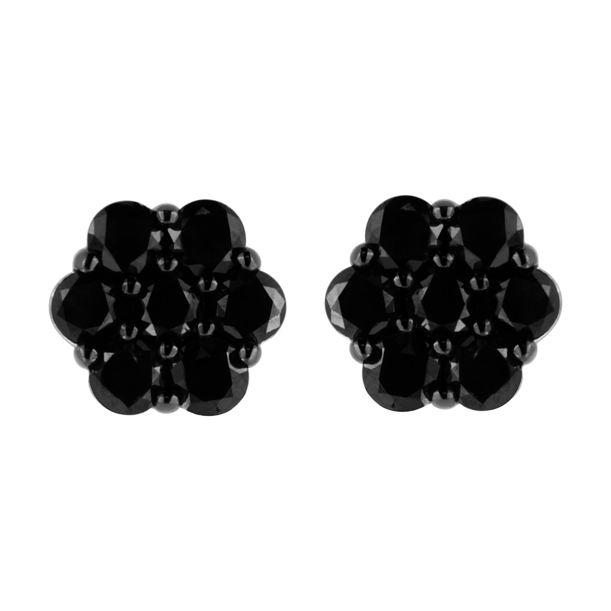 .925 Sterling Silver 1.0 Cttw Prong Set Round-Cut Treated Black Diamond Floral Cluster Stud Earring (Fancy Black Color, I1-I2 Clarity) - LinkagejewelrydesignLinkagejewelrydesign