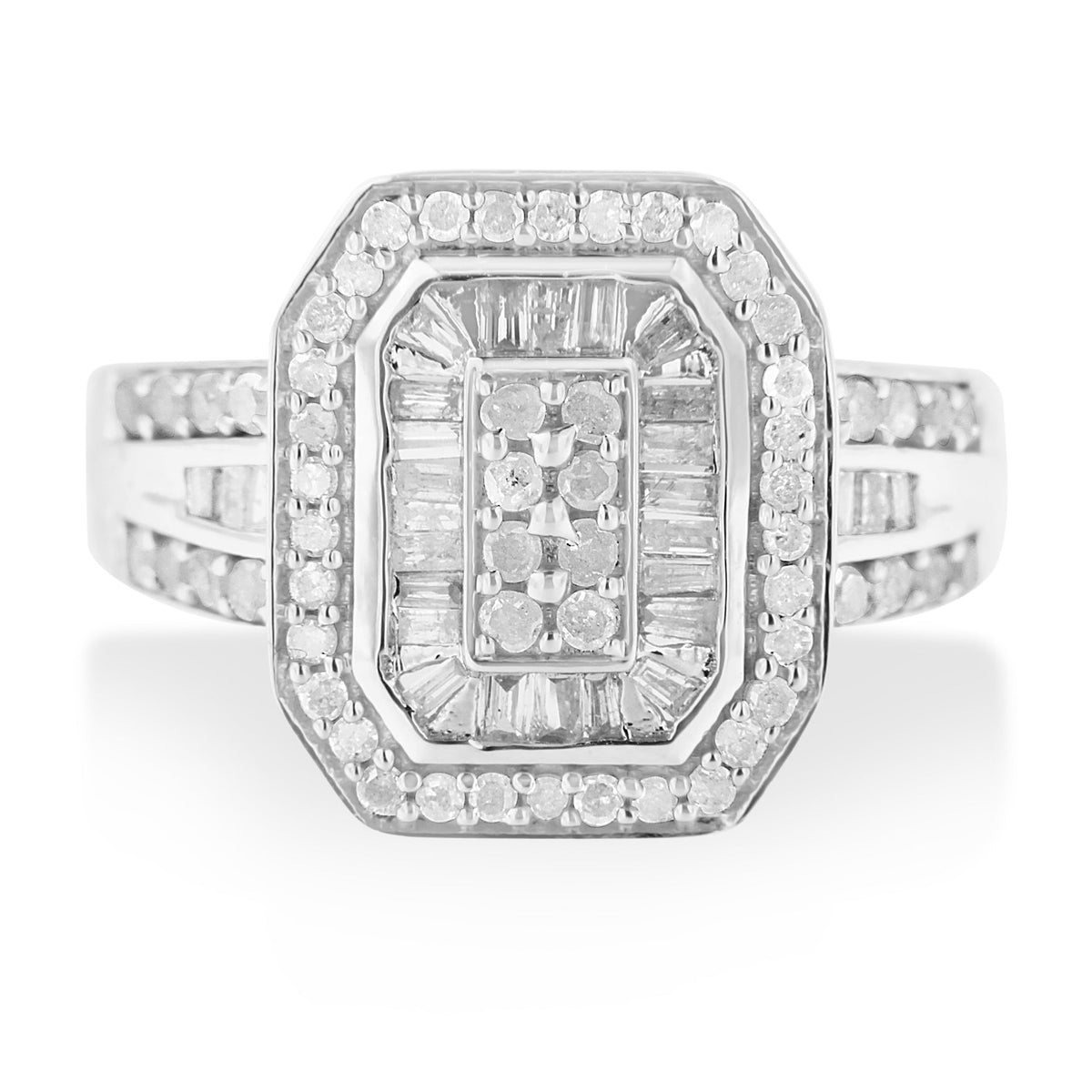 .925 Sterling Silver 1.0 Cttw Round and Baguette Cut Diamond Elongated Octagon Shaped Cocktail Ring (H-I Color, I2-I3 Clarity) - Size 7 - LinkagejewelrydesignLinkagejewelrydesign