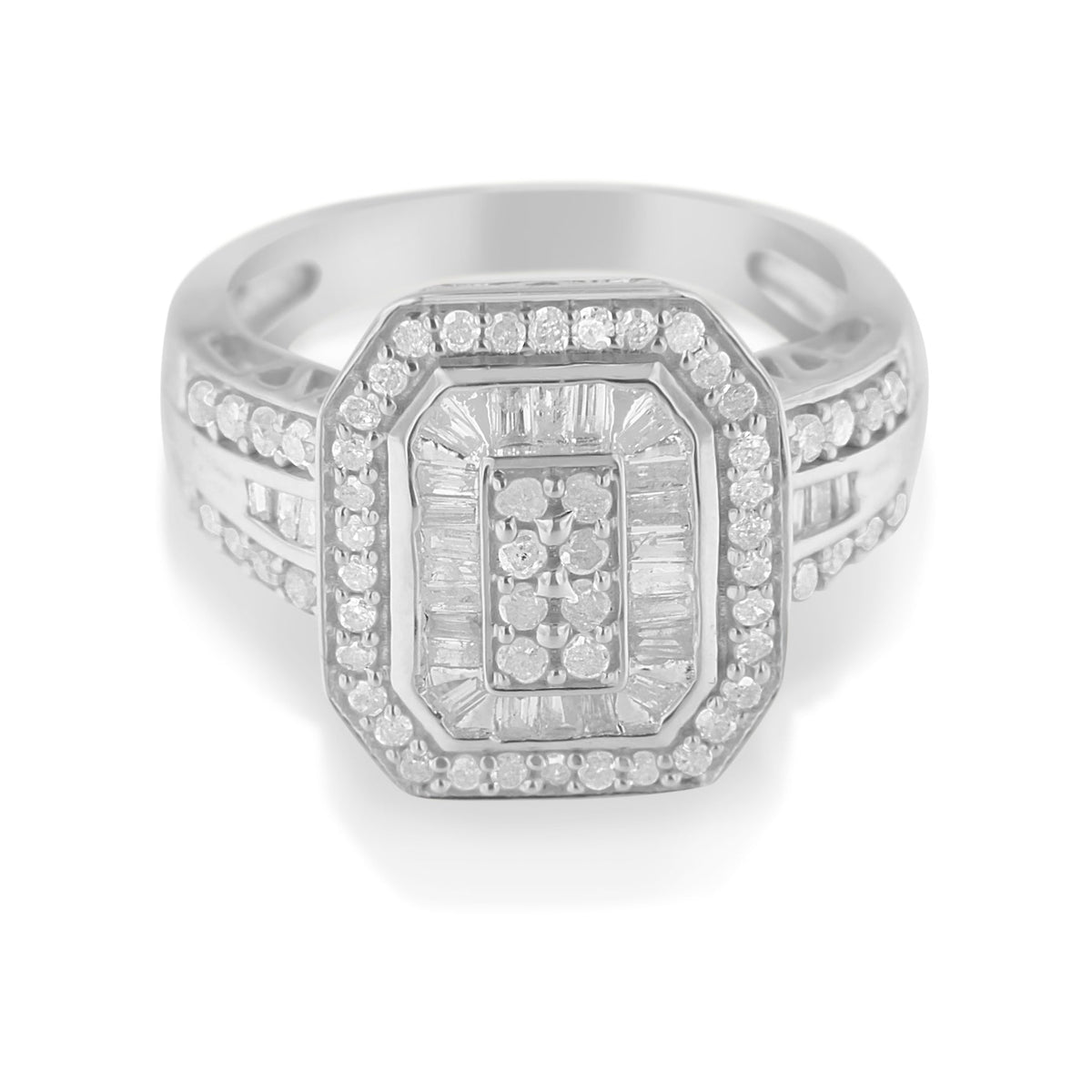 .925 Sterling Silver 1.0 Cttw Round and Baguette Cut Diamond Elongated Octagon Shaped Cocktail Ring (H-I Color, I2-I3 Clarity) - Size 7 - LinkagejewelrydesignLinkagejewelrydesign