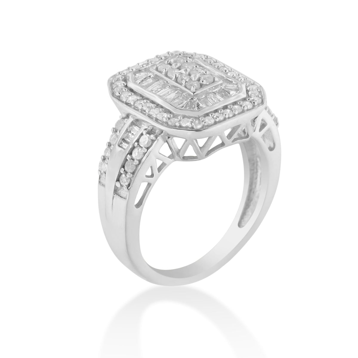 .925 Sterling Silver 1.0 Cttw Round and Baguette Cut Diamond Elongated Octagon Shaped Cocktail Ring (H-I Color, I2-I3 Clarity) - Size 7 - LinkagejewelrydesignLinkagejewelrydesign