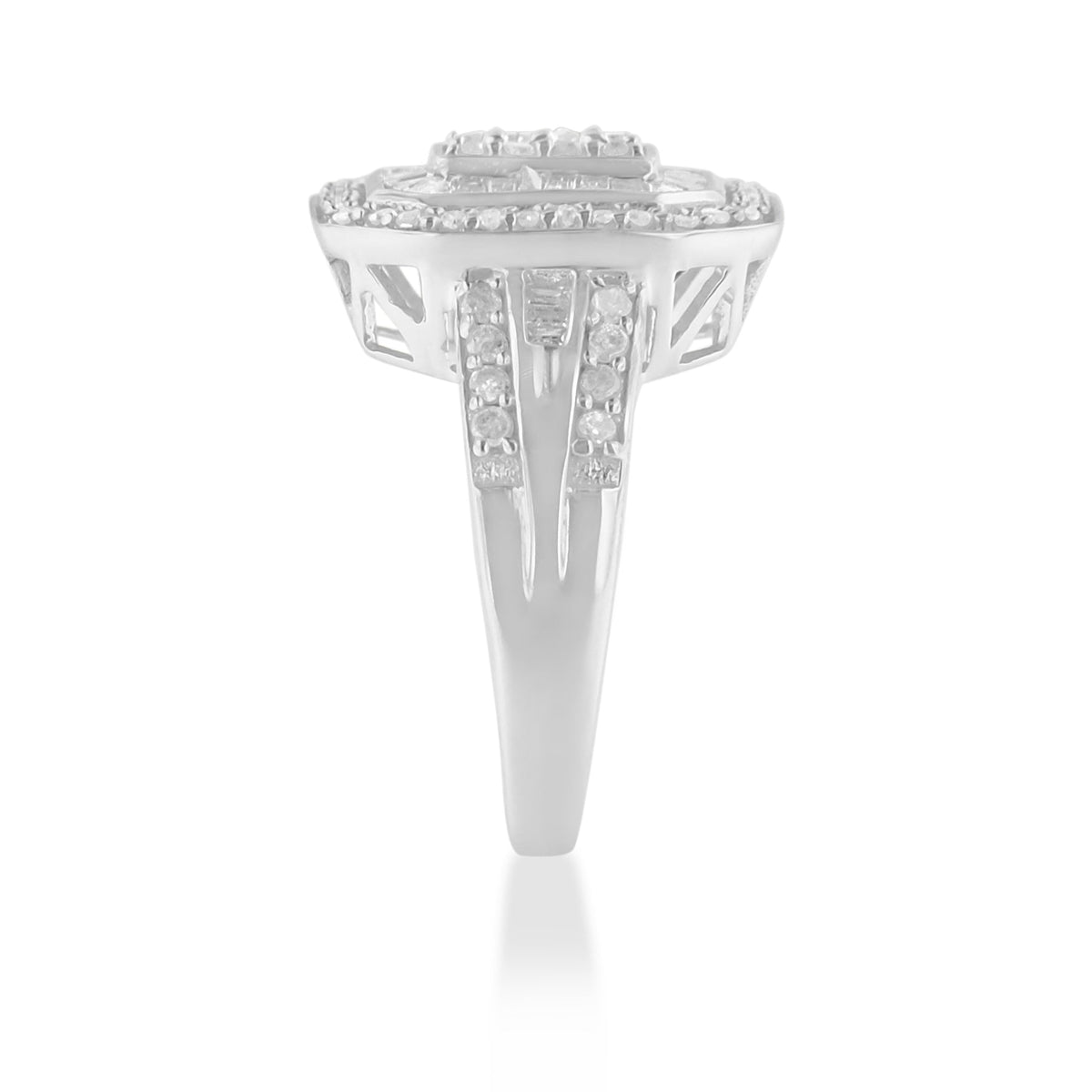 .925 Sterling Silver 1.0 Cttw Round and Baguette Cut Diamond Elongated Octagon Shaped Cocktail Ring (H-I Color, I2-I3 Clarity) - Size 7 - LinkagejewelrydesignLinkagejewelrydesign