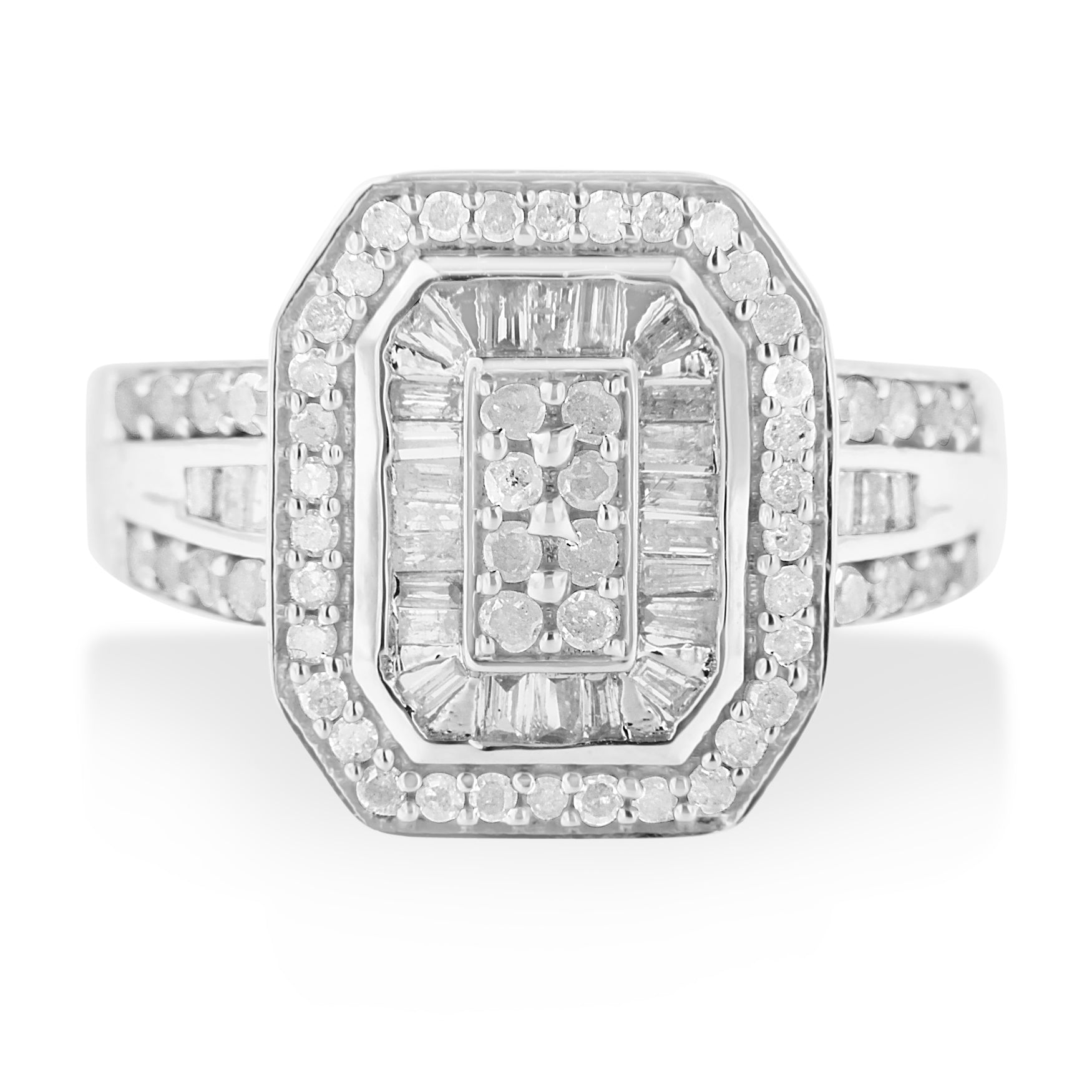 .925 Sterling Silver 1.0 Cttw Round and Baguette Cut Diamond Elongated Octagon Shaped Cocktail Ring (H-I Color, I2-I3 Clarity) - Size 7 - LinkagejewelrydesignLinkagejewelrydesign