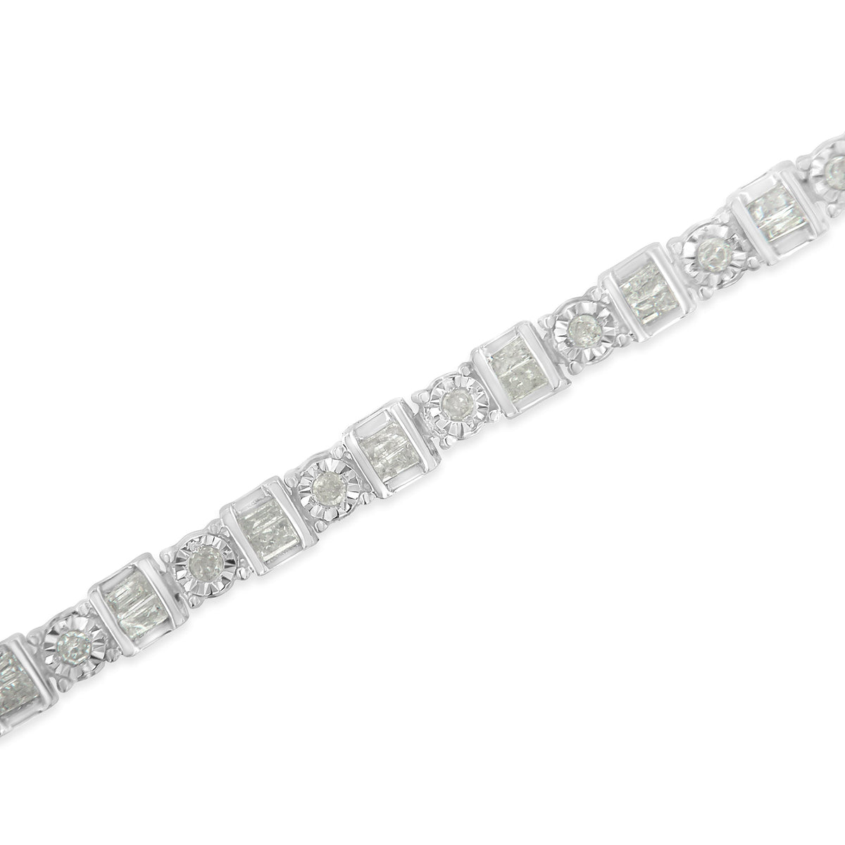 .925 Sterling Silver 1.0 Cttw Round &amp; Baguette Cut Diamond 7&quot; Alternating Round and Square Station Tennis Bracelet (I-J Color, I3 Clarity) - LinkagejewelrydesignLinkagejewelrydesign