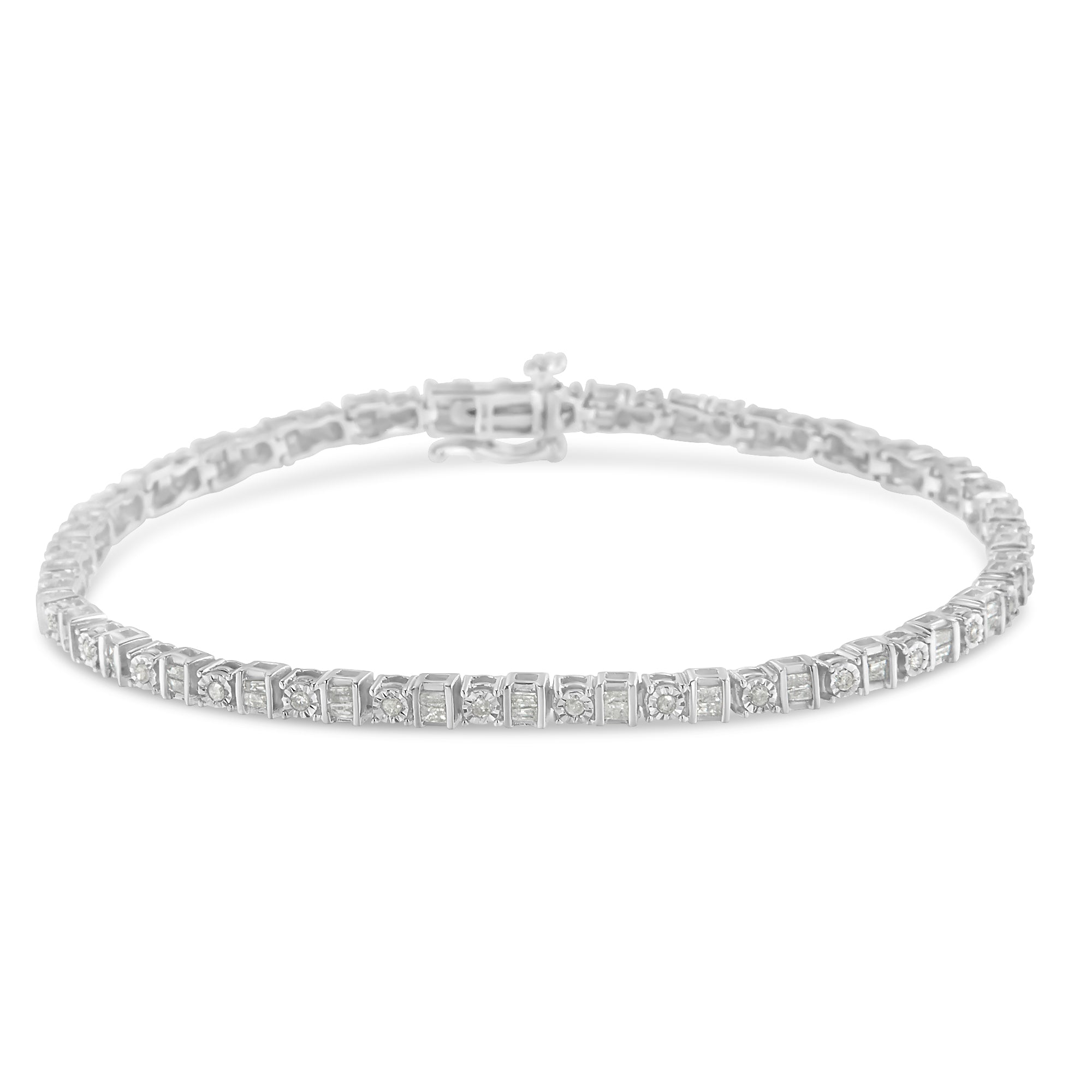 .925 Sterling Silver 1.0 Cttw Round & Baguette Cut Diamond 7" Alternating Round and Square Station Tennis Bracelet (I-J Color, I3 Clarity) - LinkagejewelrydesignLinkagejewelrydesign