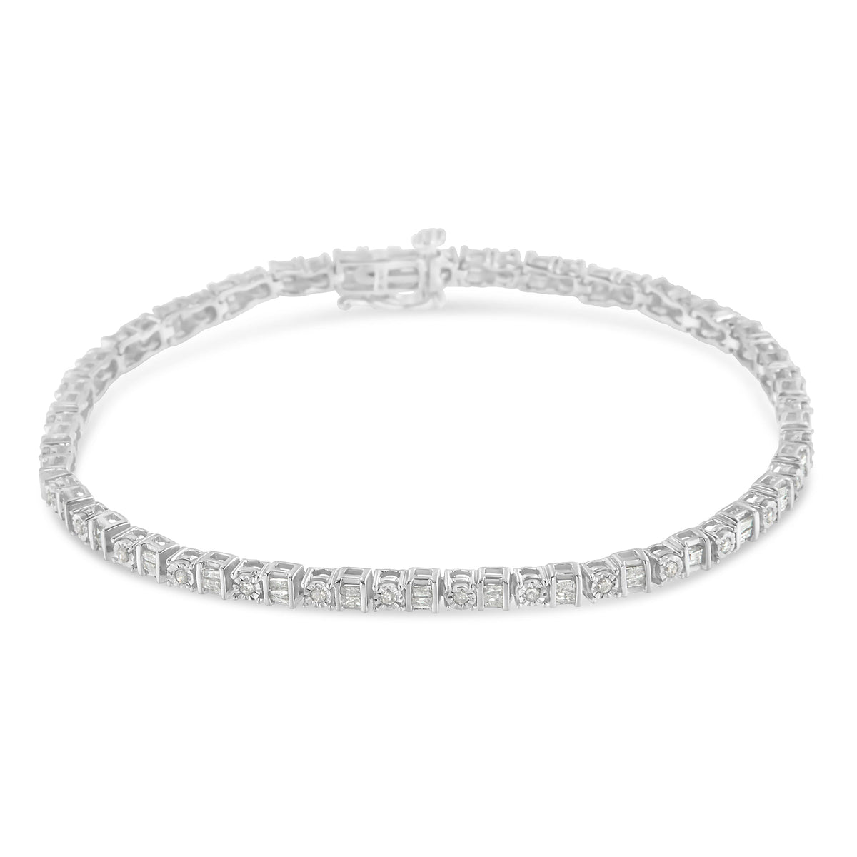 .925 Sterling Silver 1.0 Cttw Round &amp; Baguette Cut Diamond 7&quot; Alternating Round and Square Station Tennis Bracelet (I-J Color, I3 Clarity) - LinkagejewelrydesignLinkagejewelrydesign