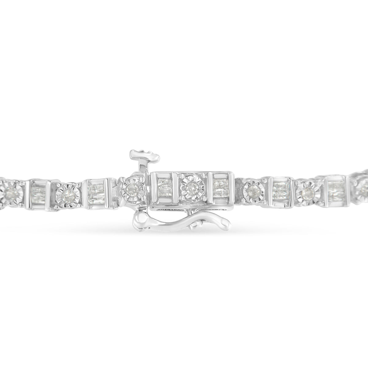 .925 Sterling Silver 1.0 Cttw Round &amp; Baguette Cut Diamond 7&quot; Alternating Round and Square Station Tennis Bracelet (I-J Color, I3 Clarity) - LinkagejewelrydesignLinkagejewelrydesign