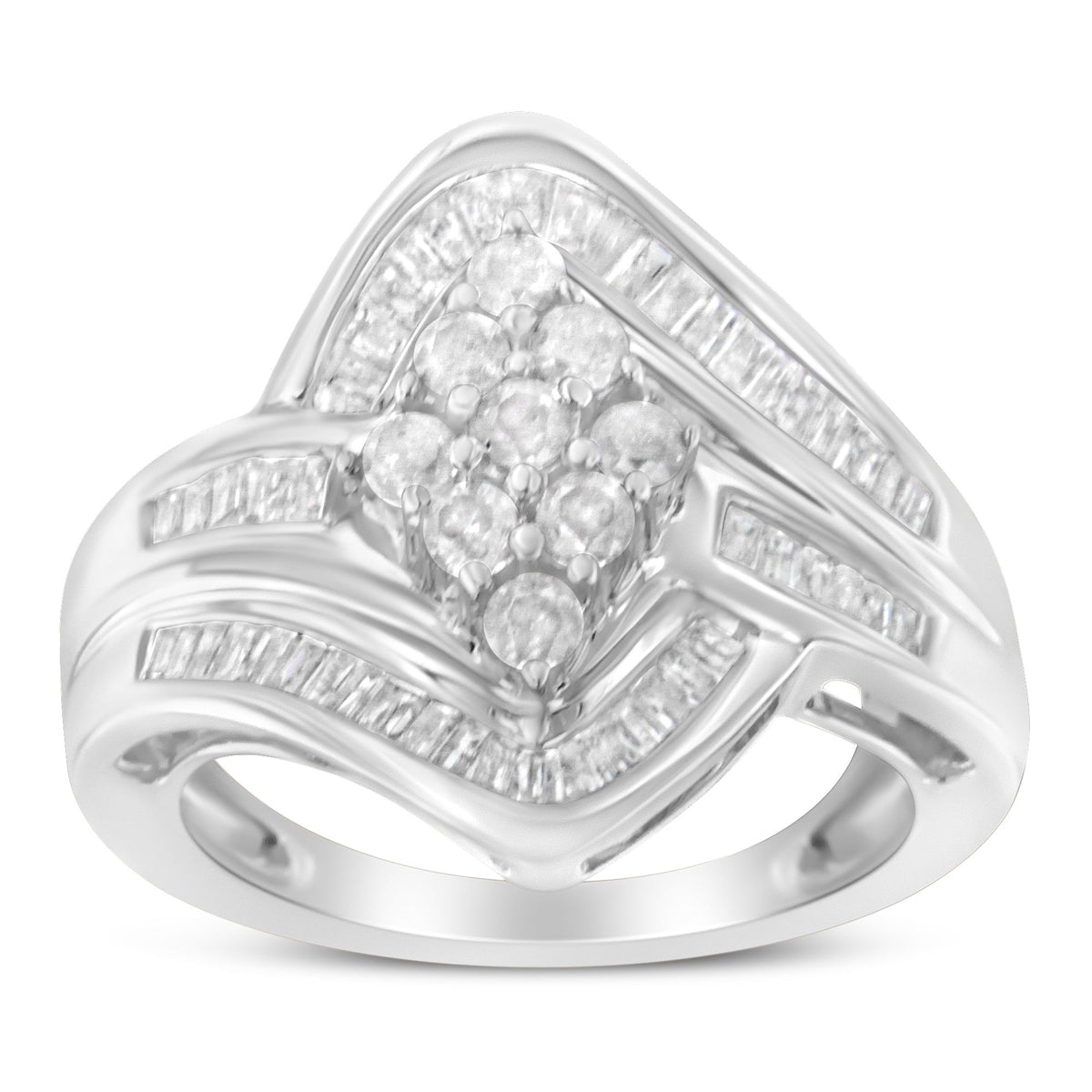 .925 Sterling Silver 1.0 Cttw Round &amp; Baguette Cut Diamond Bypass Faux-Wrap Cluster Engagement or Cocktail Ring (I-J Color, I2-I3 Clarity) - Size 6 - LinkagejewelrydesignLinkagejewelrydesign