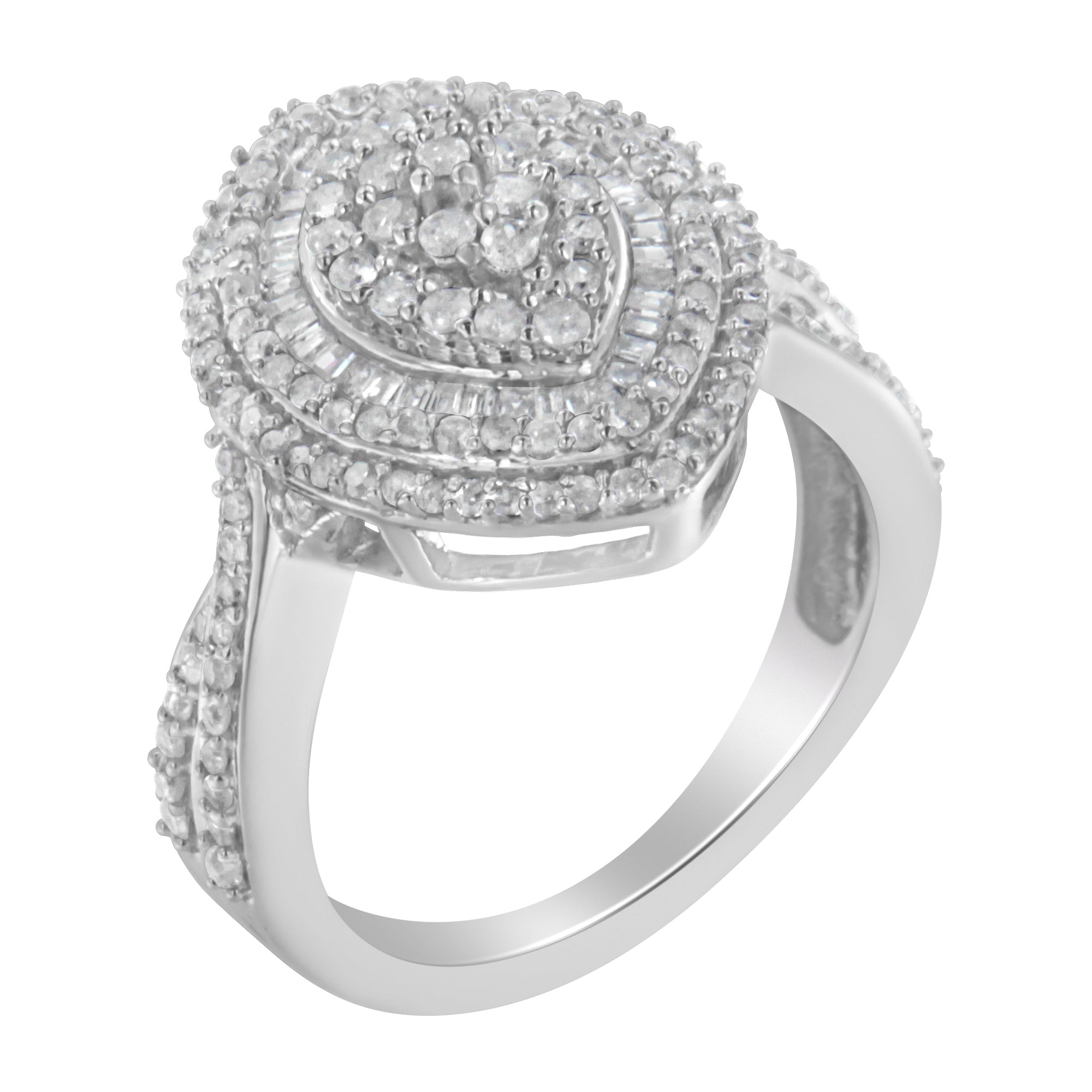 .925 Sterling Silver 1.0 Cttw Round & Baguette-Cut Diamond Marquise-Shaped Cluster Triple Stepped Halo Cocktail Fashion Ring (I-J Color, I2-I3 Clarity) - Size 7 - LinkagejewelrydesignLinkagejewelrydesign