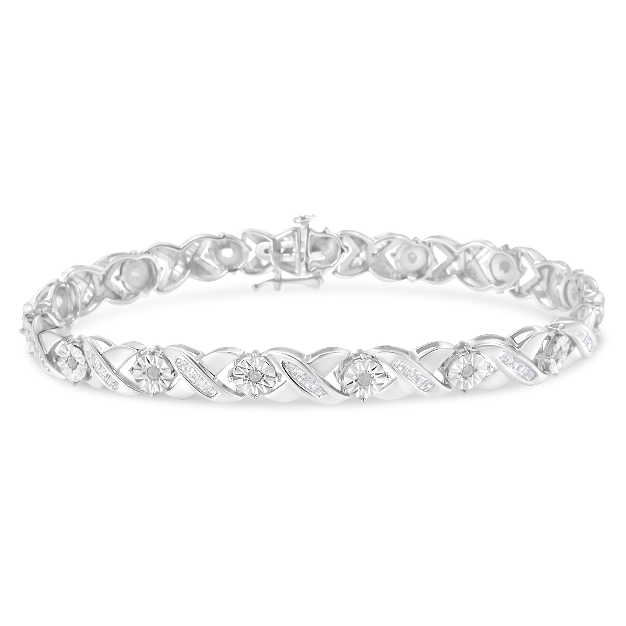 .925 Sterling Silver 1.0 Cttw Round-Brilliant and Baguette Cut Diamond Miracle-Set X-Link 7" Tennis Bracelet (I-J Color, I2-I3 Clarity) - LinkagejewelrydesignLinkagejewelrydesign