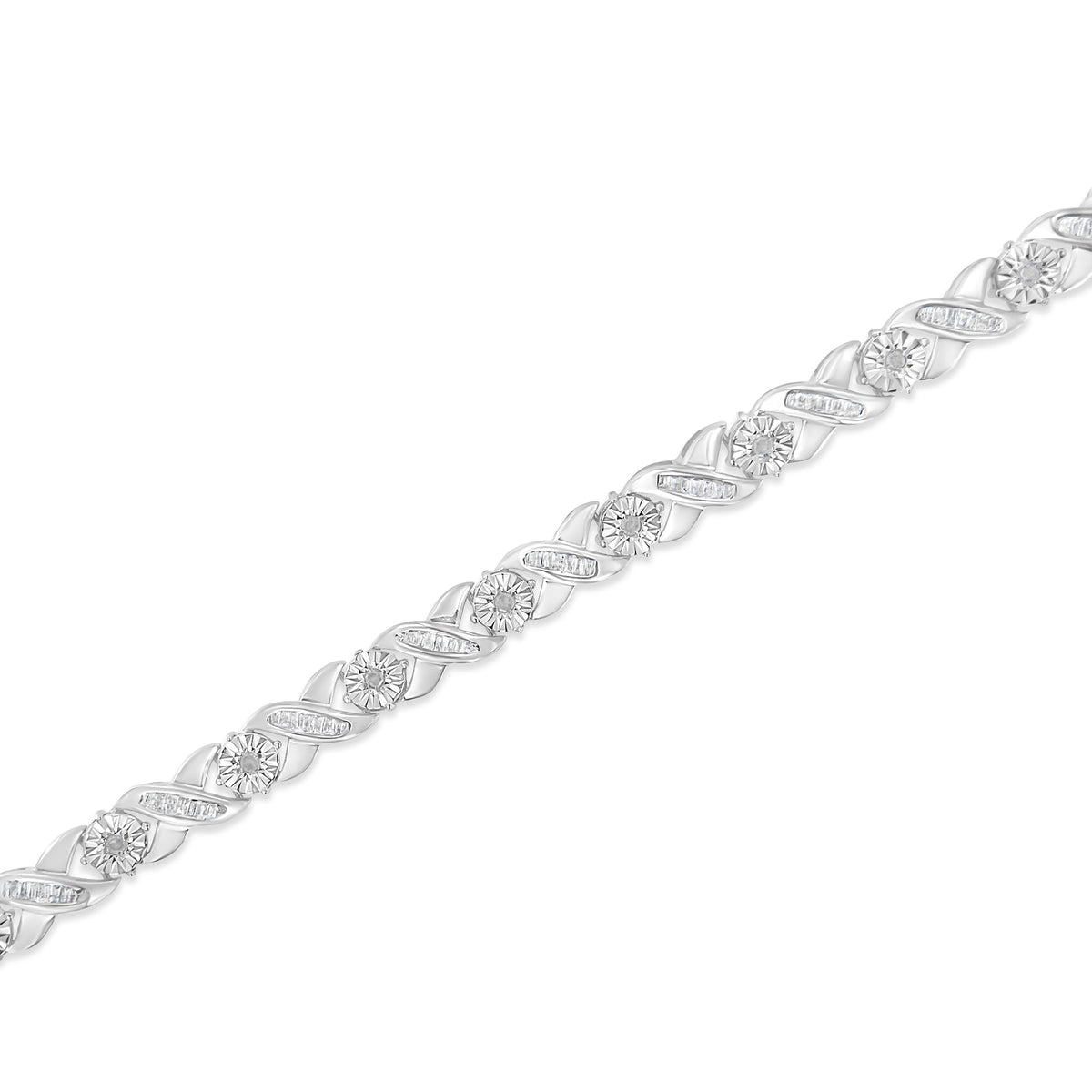 .925 Sterling Silver 1.0 Cttw Round-Brilliant and Baguette Cut Diamond Miracle-Set X-Link 7&quot; Tennis Bracelet (I-J Color, I2-I3 Clarity) - LinkagejewelrydesignLinkagejewelrydesign