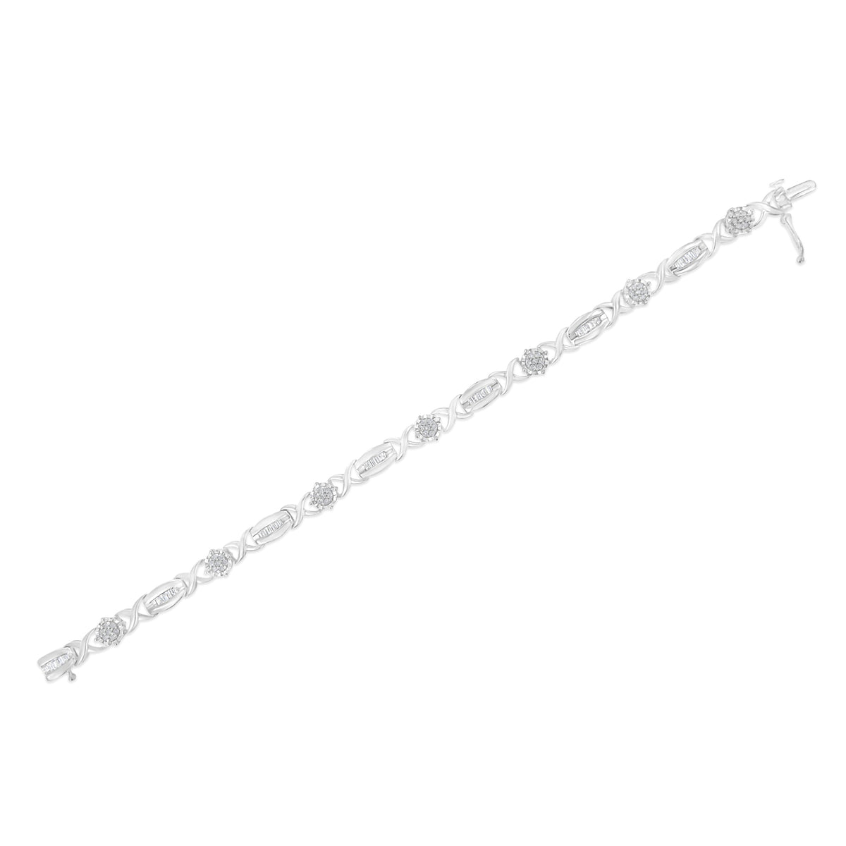 .925 Sterling Silver 1.0 Cttw Round-Cut and Baguette-Cut Diamond X-Link Bracelet (I-J Color, I1-I2 Clarity) - 7&quot; - LinkagejewelrydesignLinkagejewelrydesign