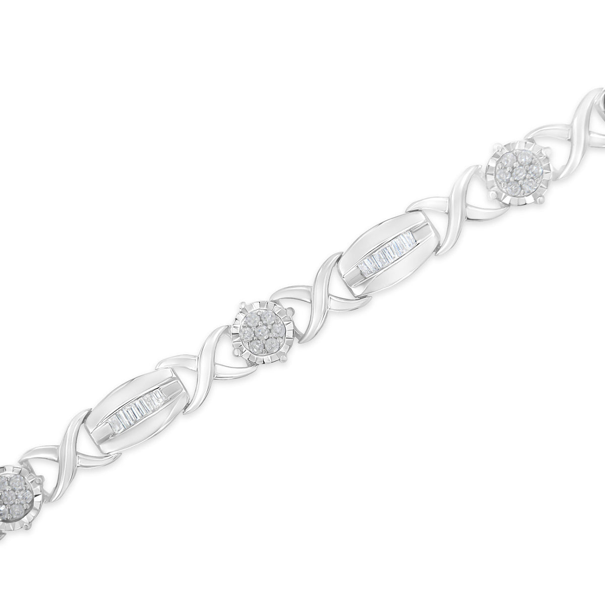 .925 Sterling Silver 1.0 Cttw Round-Cut and Baguette-Cut Diamond X-Link Bracelet (I-J Color, I1-I2 Clarity) - 7&quot; - LinkagejewelrydesignLinkagejewelrydesign