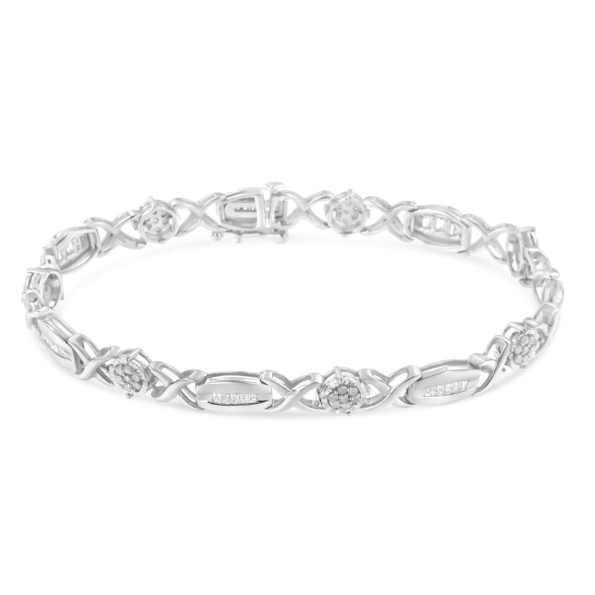 .925 Sterling Silver 1.0 Cttw Round-Cut and Baguette-Cut Diamond X-Link Bracelet (I-J Color, I1-I2 Clarity) - 7&quot; - LinkagejewelrydesignLinkagejewelrydesign