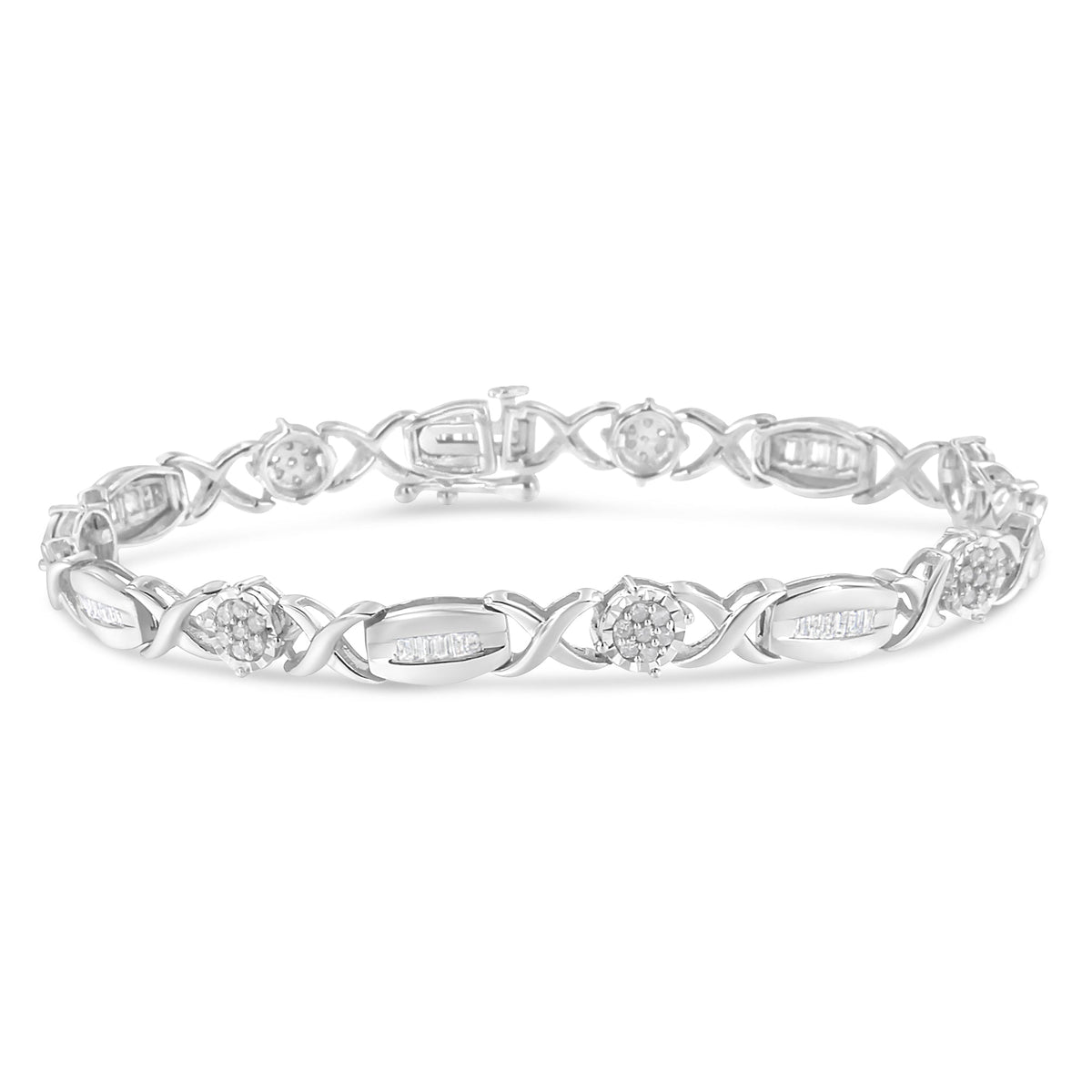 .925 Sterling Silver 1.0 Cttw Round-Cut and Baguette-Cut Diamond X-Link Bracelet (I-J Color, I1-I2 Clarity) - 7&quot; - LinkagejewelrydesignLinkagejewelrydesign