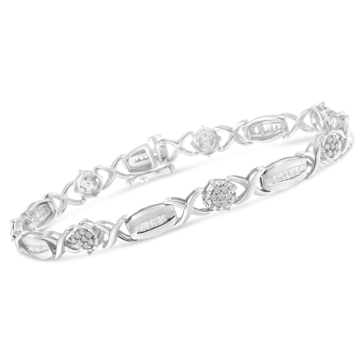 .925 Sterling Silver 1.0 Cttw Round-Cut and Baguette-Cut Diamond X-Link Bracelet (I-J Color, I1-I2 Clarity) - 7&quot; - LinkagejewelrydesignLinkagejewelrydesign