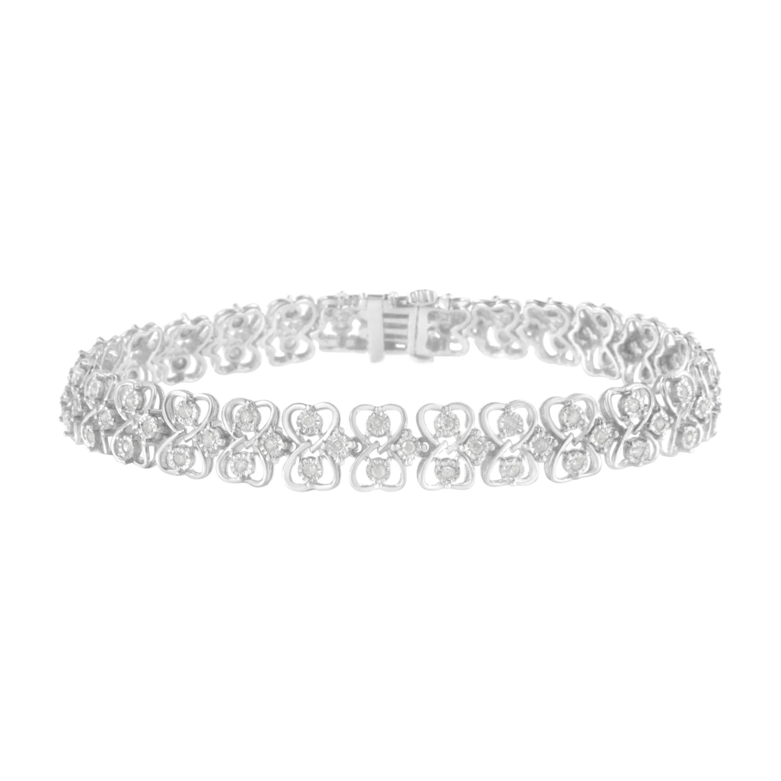 .925 Sterling Silver 1.0 cttw Round-cut Diamond 2-Row Heart Link Tennis Bracelet (I-J Clarity, I2-I3 Color) - Size 7" - LinkagejewelrydesignLinkagejewelrydesign