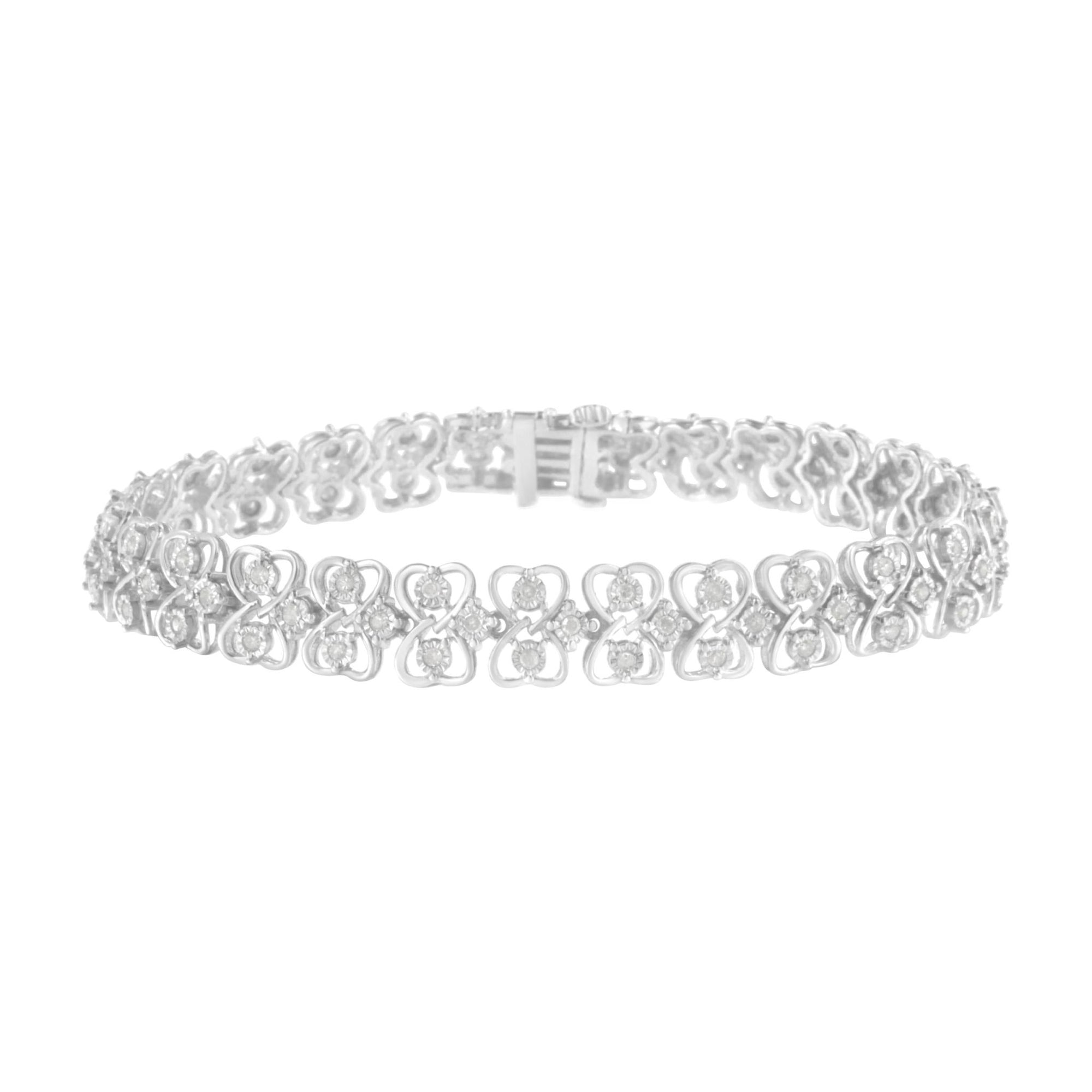 .925 Sterling Silver 1.0 cttw Round-cut Diamond 2-Row Heart Link Tennis Bracelet (I-J Clarity, I2-I3 Color) - Size 7" - LinkagejewelrydesignLinkagejewelrydesign