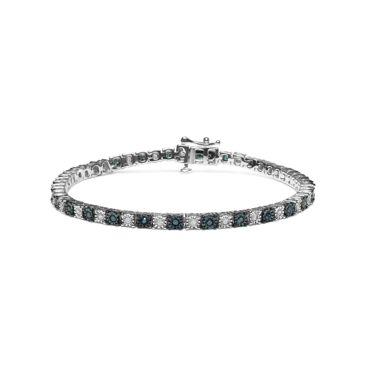 .925 Sterling Silver 1.0 Cttw with Alternating Round White Diamond and Round Treated Blue Diamond Tennis Bracelet (Blue and I-J Color, I3 Clarity) - Size 7&quot; Inches - LinkagejewelrydesignLinkagejewelrydesign