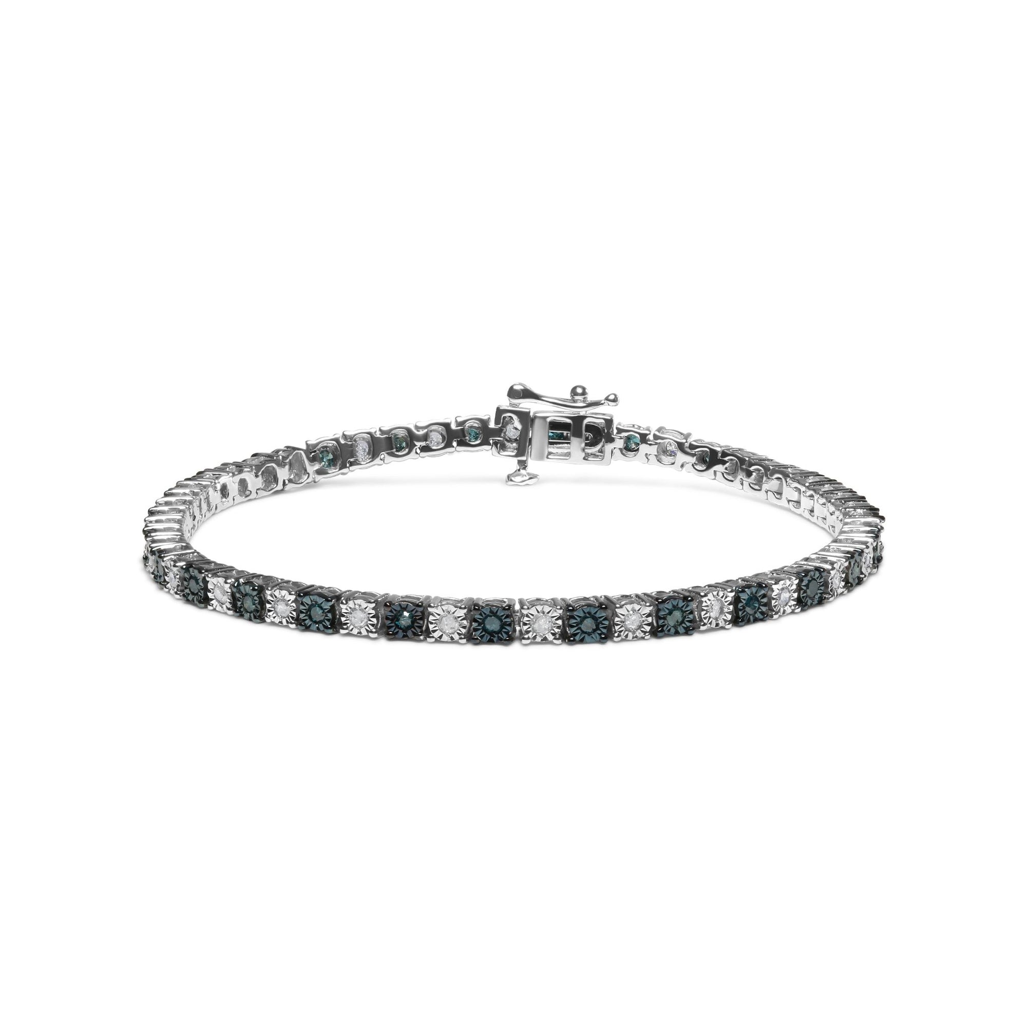 .925 Sterling Silver 1.0 Cttw with Alternating Round White Diamond and Round Treated Blue Diamond Tennis Bracelet (Blue and I-J Color, I3 Clarity) - Size 7" Inches - LinkagejewelrydesignLinkagejewelrydesign