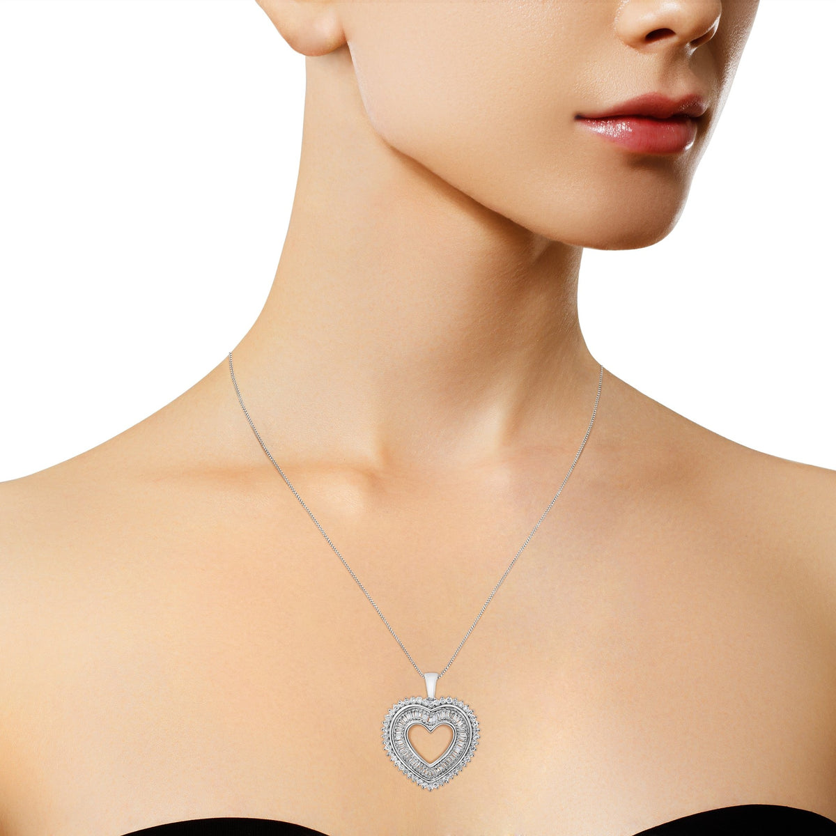 .925 Sterling Silver 1.0 Ctw Diamond Shadow Open Heart Halo 18&quot; Pendant Necklace (I-J Color, I1-I2 Clarity) - LinkagejewelrydesignLinkagejewelrydesign