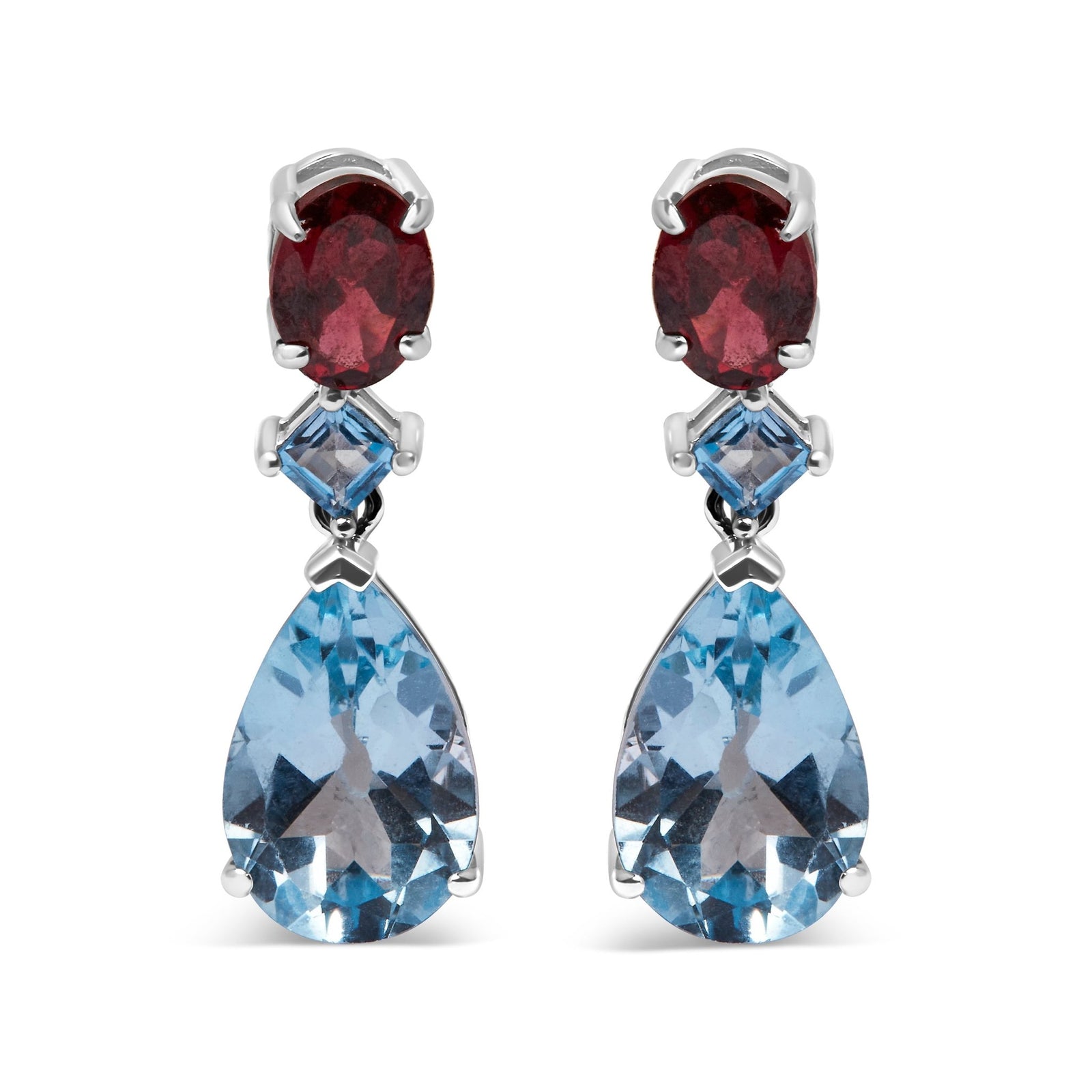 .925 Sterling Silver 10.0 Carat Blue Topaz and Grape Rhodolite Garnet Dangle Drop Earrings 1" Inch Dangle Length - LinkagejewelrydesignLinkagejewelrydesign
