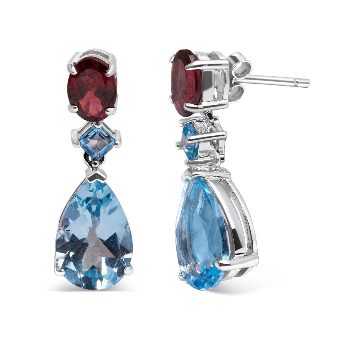 .925 Sterling Silver 10.0 Carat Blue Topaz and Grape Rhodolite Garnet Dangle Drop Earrings 1&quot; Inch Dangle Length - LinkagejewelrydesignLinkagejewelrydesign