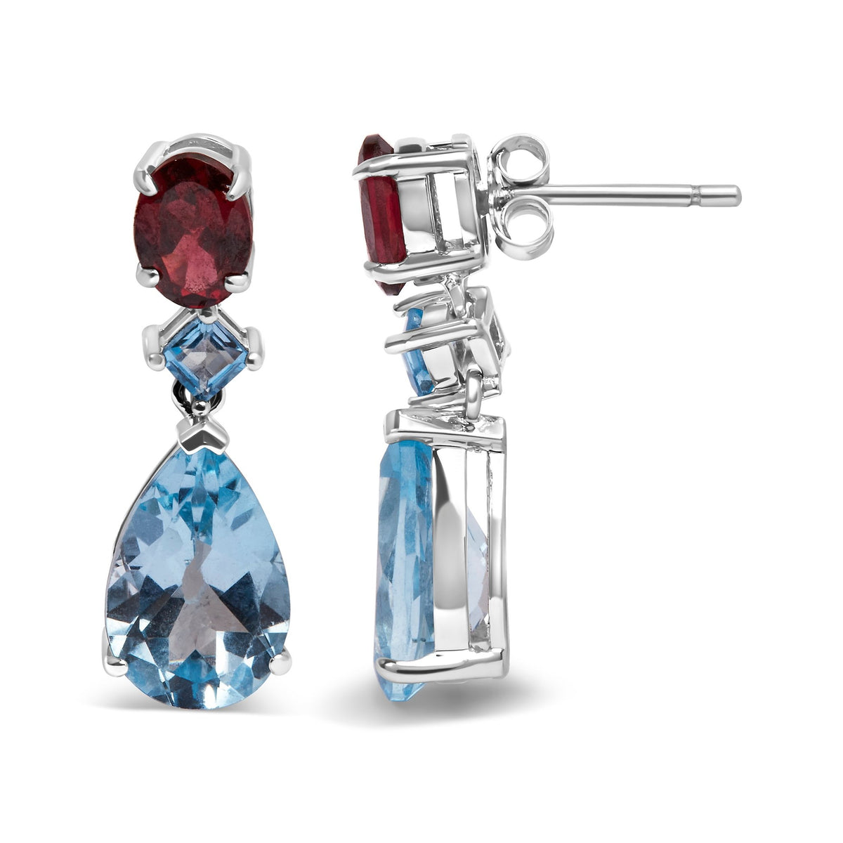 .925 Sterling Silver 10.0 Carat Blue Topaz and Grape Rhodolite Garnet Dangle Drop Earrings 1&quot; Inch Dangle Length - LinkagejewelrydesignLinkagejewelrydesign