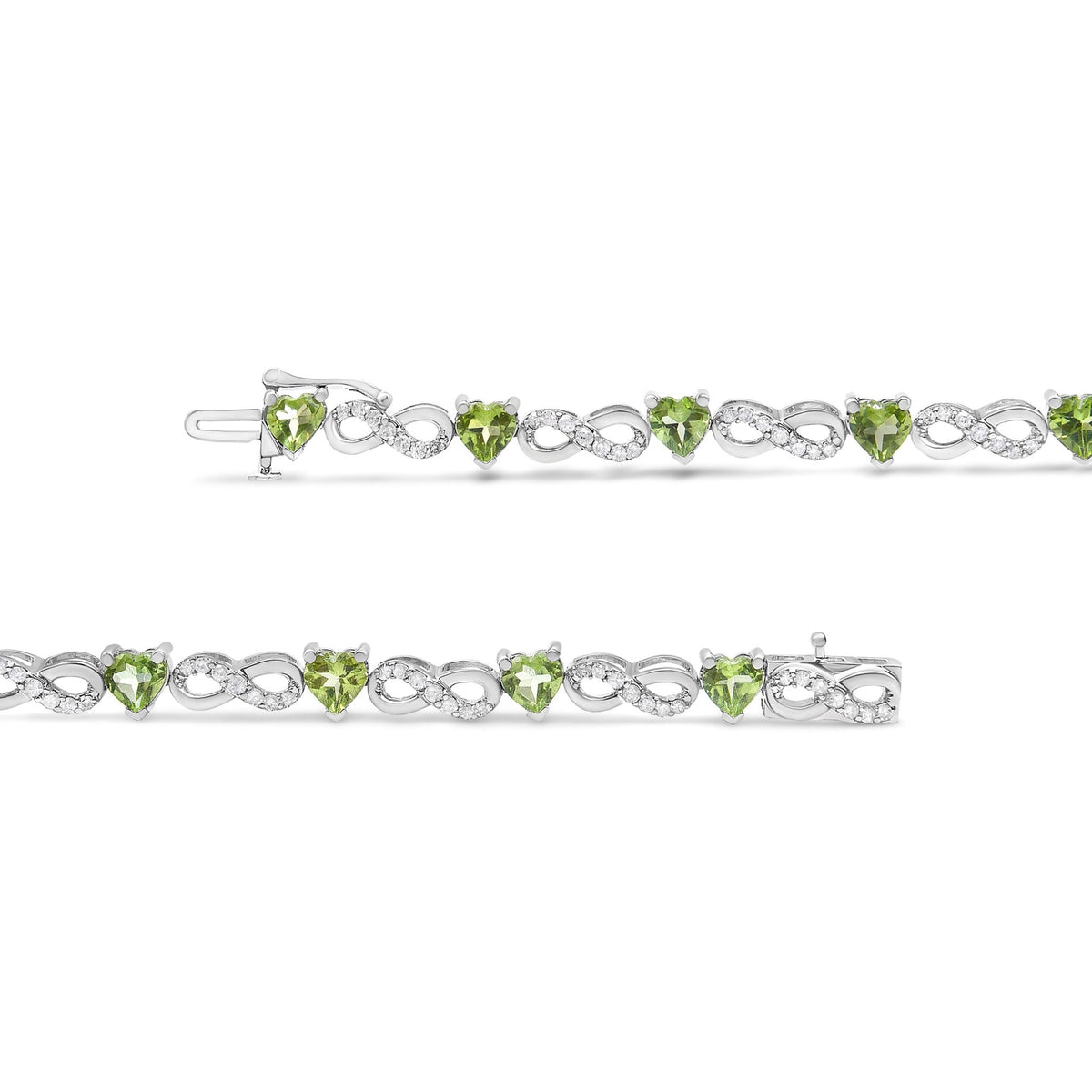 .925 Sterling Silver 1.00 Cttw Diamond and 4.00mm Lab Created Green Heart-Shaped Peridot Infinity Link Bracelet (I-J Color, I2-I3 Clarity) - 7.25&quot; - LinkagejewelrydesignLinkagejewelrydesign