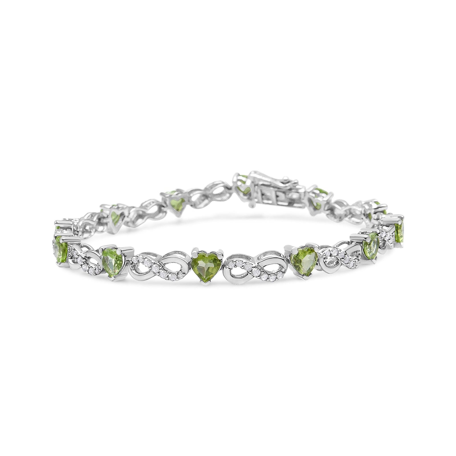 .925 Sterling Silver 1.00 Cttw Diamond and 4.00mm Lab Created Green Heart-Shaped Peridot Infinity Link Bracelet (I-J Color, I2-I3 Clarity) - 7.25" - LinkagejewelrydesignLinkagejewelrydesign