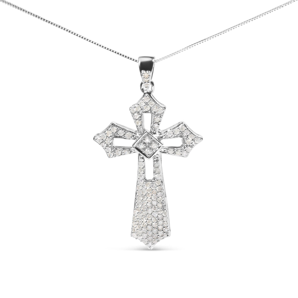 .925 Sterling Silver 1.00 Cttw Diamond Fleur De Lis Cross 18&quot; Pendant Necklace (H-I Color, I2-I3 Clarity) - LinkagejewelrydesignLinkagejewelrydesign