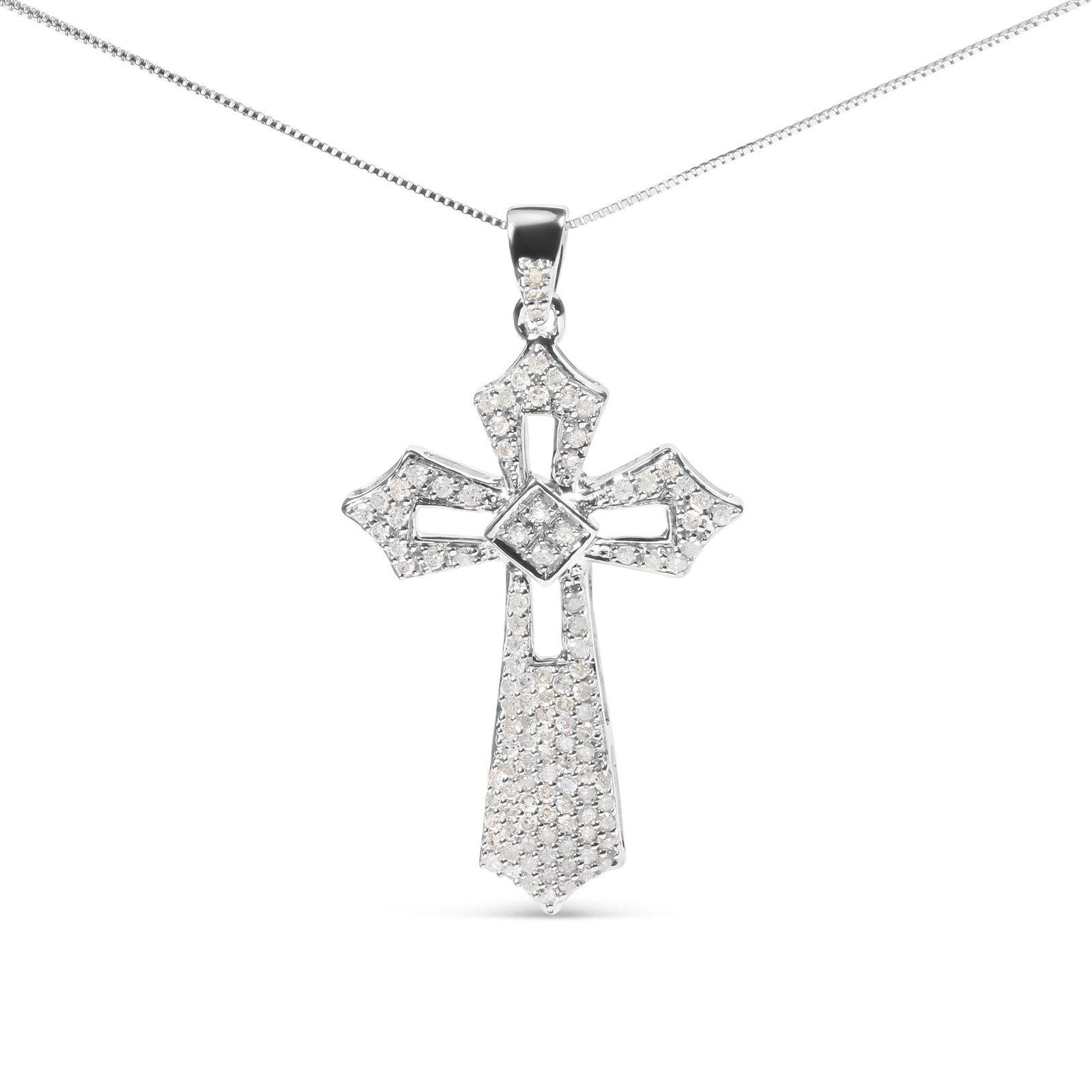 .925 Sterling Silver 1.00 Cttw Diamond Fleur De Lis Cross 18" Pendant Necklace (H-I Color, I2-I3 Clarity) - LinkagejewelrydesignLinkagejewelrydesign