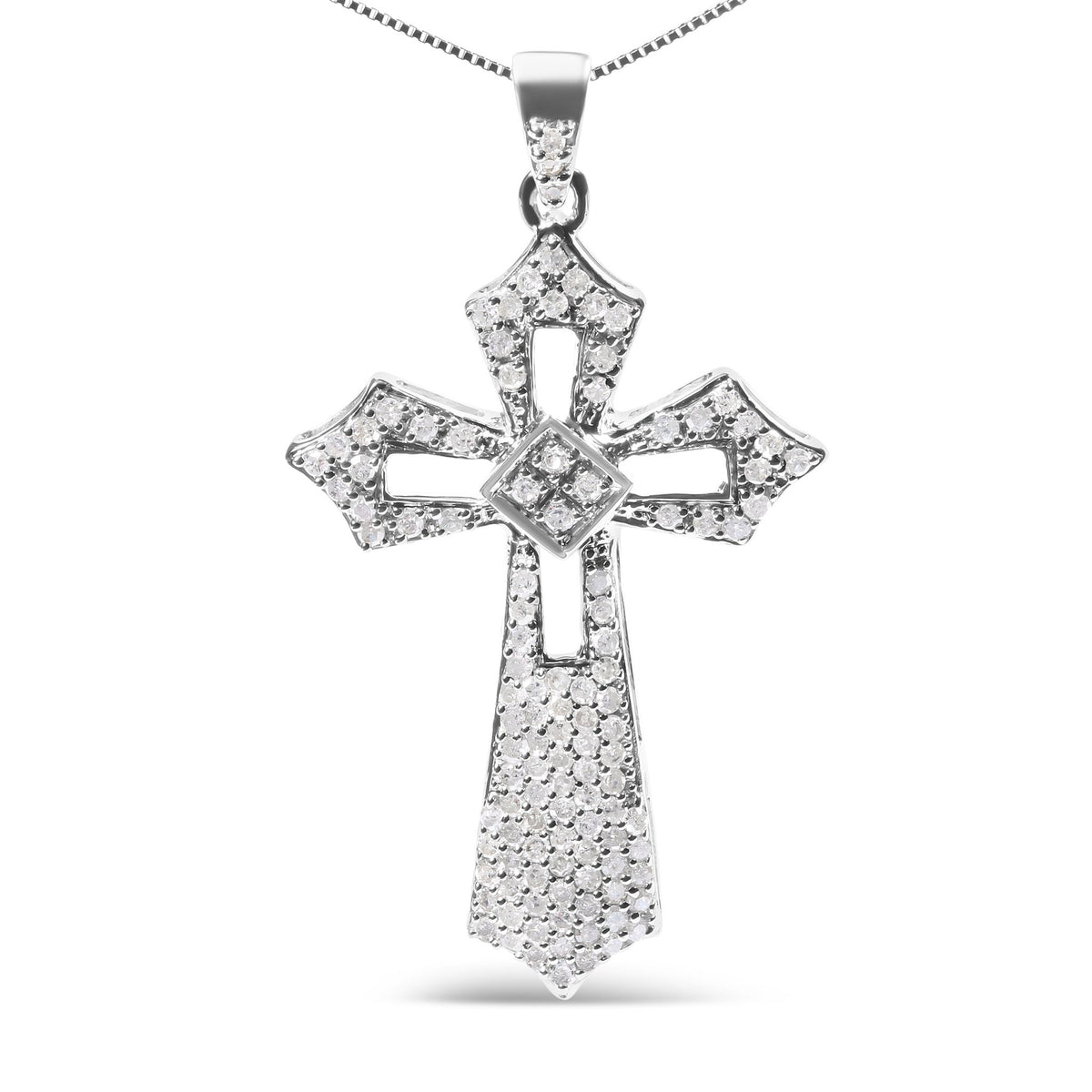 .925 Sterling Silver 1.00 Cttw Diamond Fleur De Lis Cross 18&quot; Pendant Necklace (H-I Color, I2-I3 Clarity) - LinkagejewelrydesignLinkagejewelrydesign