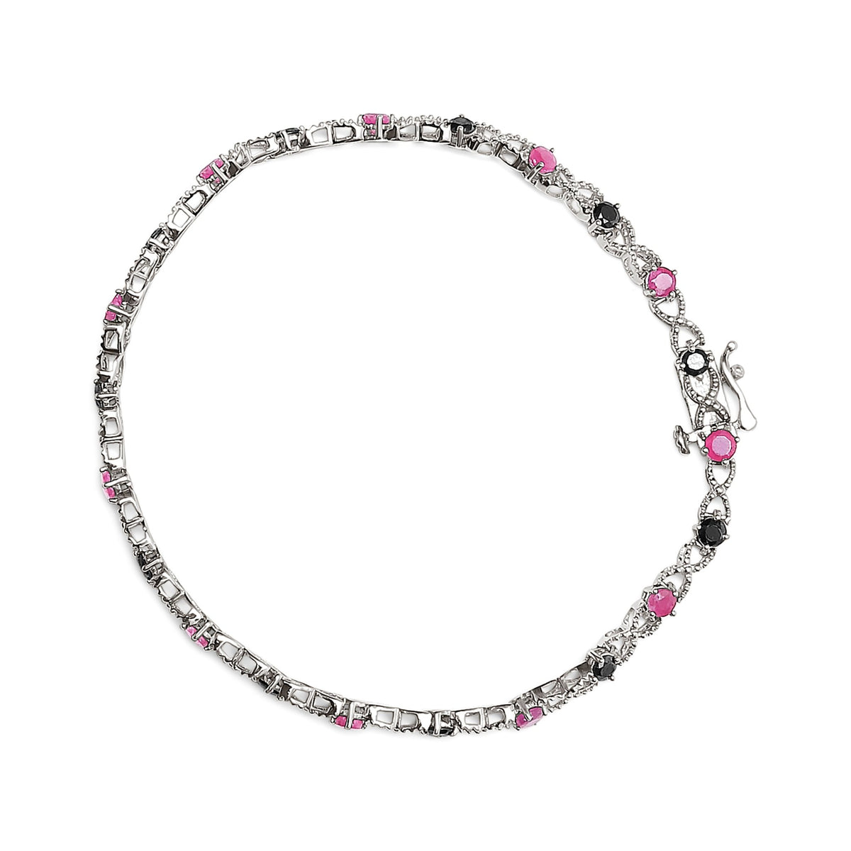 .925 Sterling Silver 1.00 Cttw Treated Black Diamond with 3.00mm Lab Created Pink Ruby 7.25&quot; X-Link Bracelet (Black Color, I2-I3 Clarity) - LinkagejewelrydesignLinkagejewelrydesign