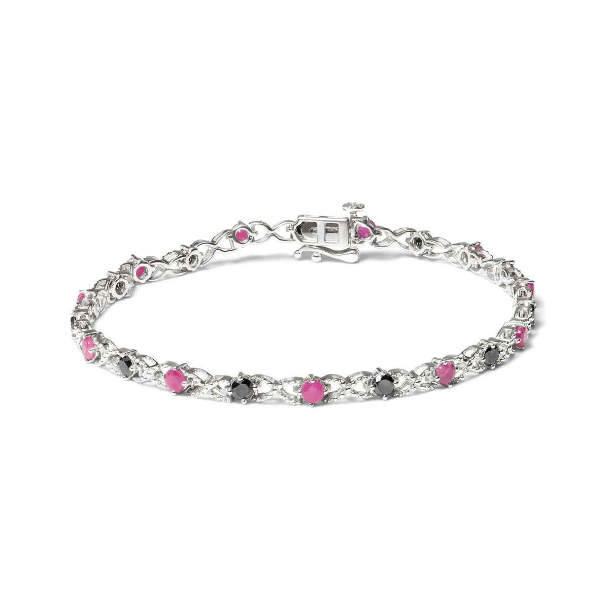 .925 Sterling Silver 1.00 Cttw Treated Black Diamond with 3.00mm Lab Created Pink Ruby 7.25&quot; X-Link Bracelet (Black Color, I2-I3 Clarity) - LinkagejewelrydesignLinkagejewelrydesign