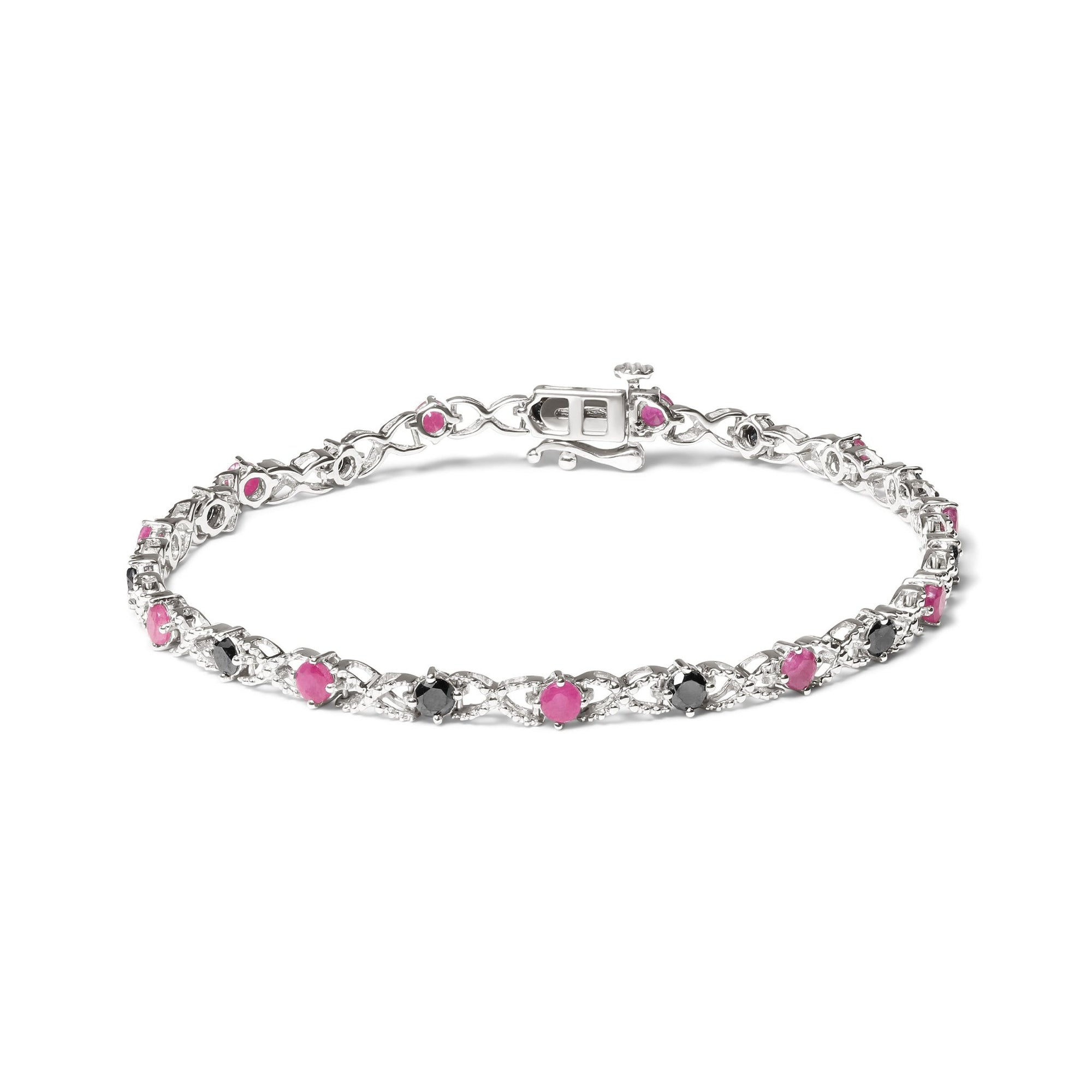 .925 Sterling Silver 1.00 Cttw Treated Black Diamond with 3.00mm Lab Created Pink Ruby 7.25" X-Link Bracelet (Black Color, I2-I3 Clarity) - LinkagejewelrydesignLinkagejewelrydesign